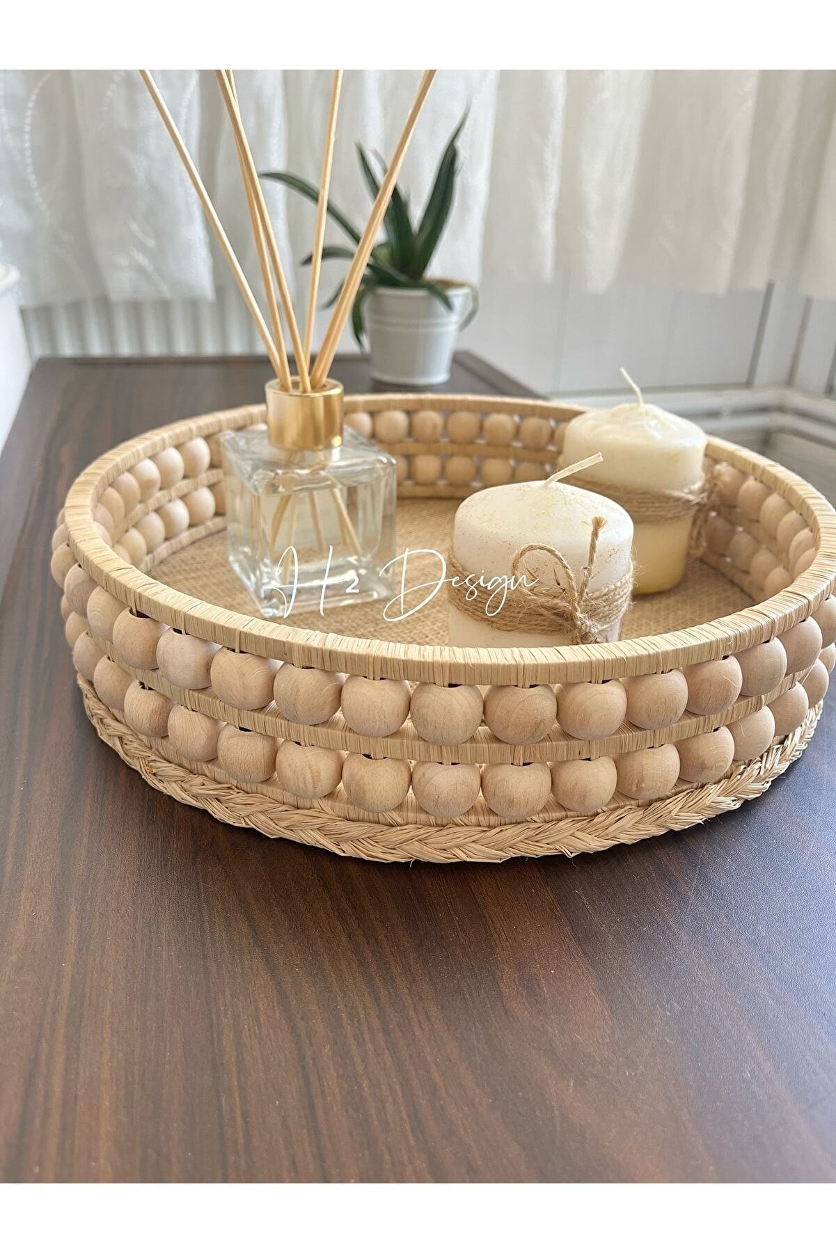 Ahşap Boncuklu Doğal Rafya Hasır Dekoratif Düzenleyici Tepsi