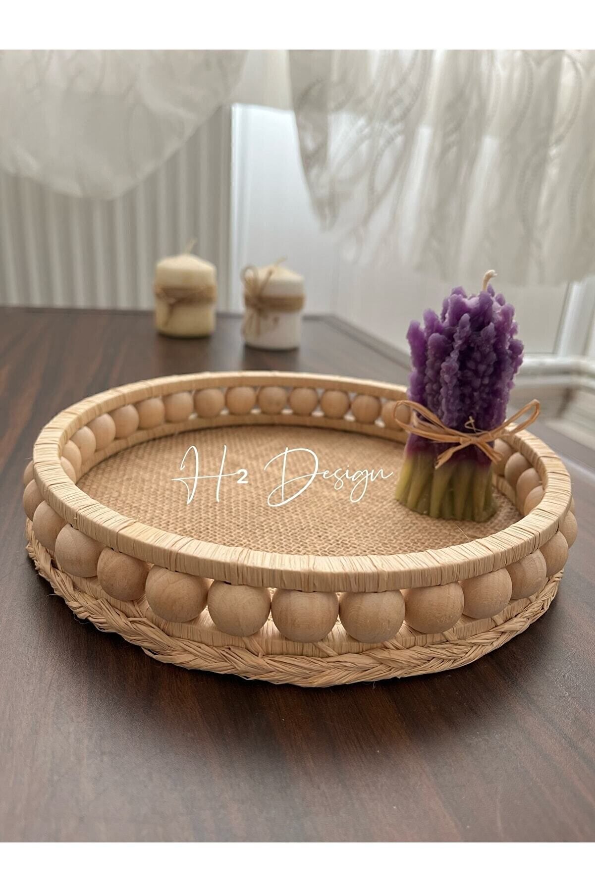 Ahşap Boncuklu El Yapımı Doğal Rafya Tepsi 19-20 Cm