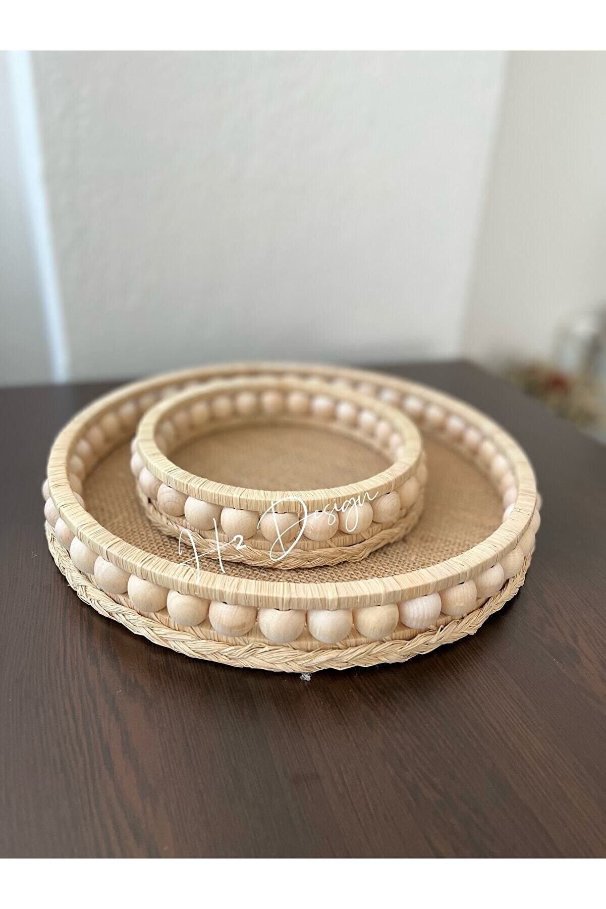Ahşap Boncuklu Doğal Rafya Hasır Tepsi Sepet