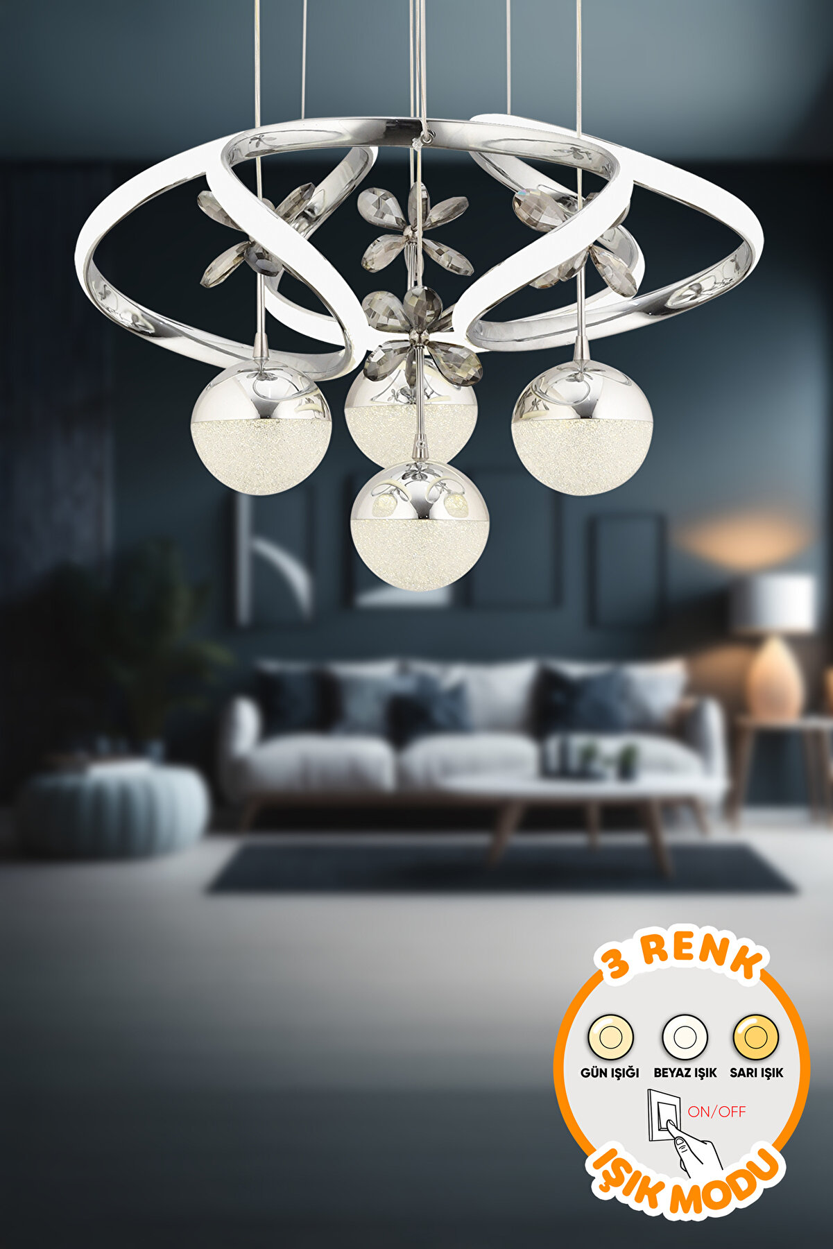 Modern Luvina Krom 3 Renk Işık Özellikli Power Led Kaplama Sarkıt Led Avize Salon Avize