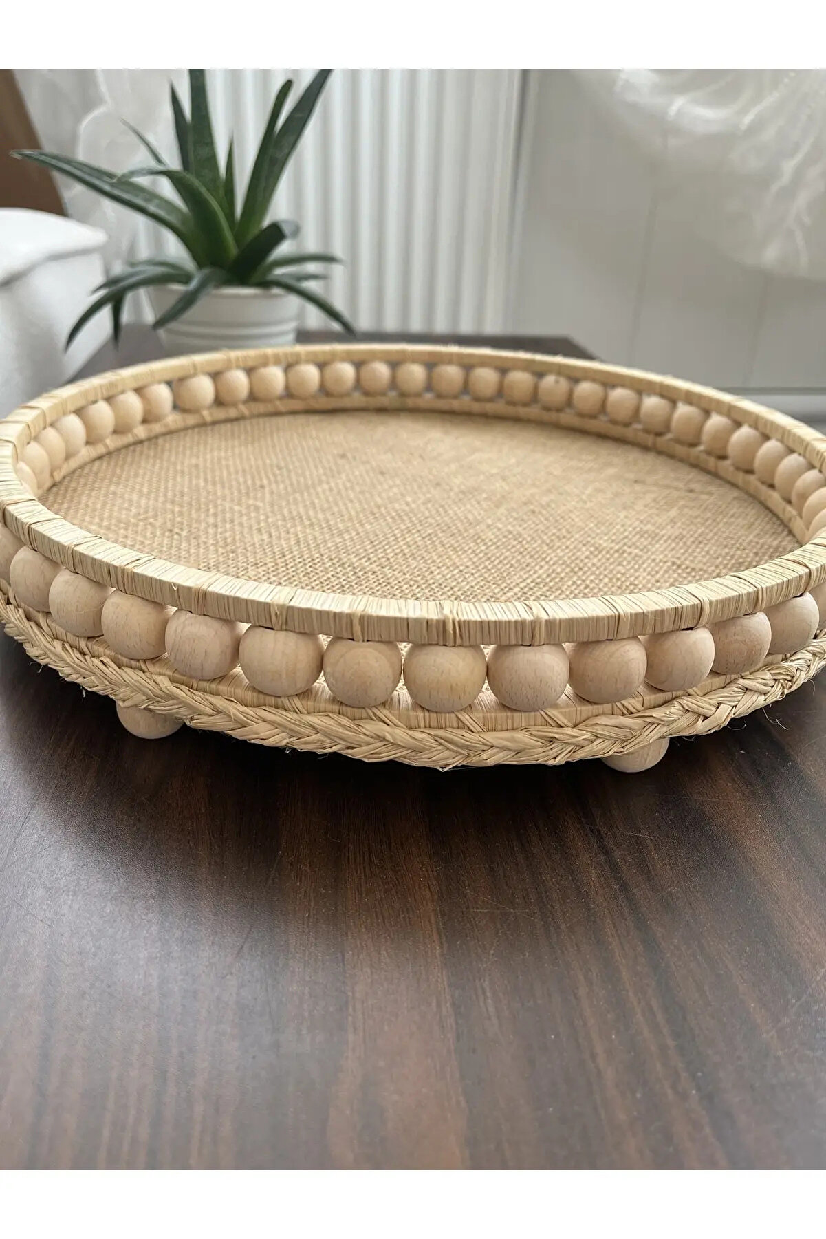 El Yapımı Ahşap Boncuklu Doğal Rafya Hasır Sunum Tepsi Sepet 27- 28 Cm