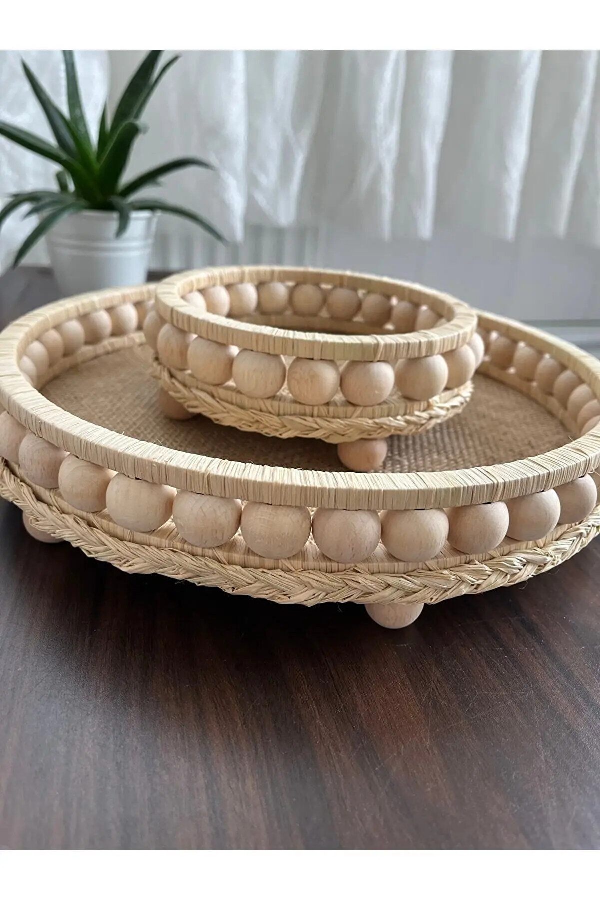 Ahşap Boncuklu Doğal Rafya Dekoratif Hasır Tepsi 24 cm Ve 12 cm