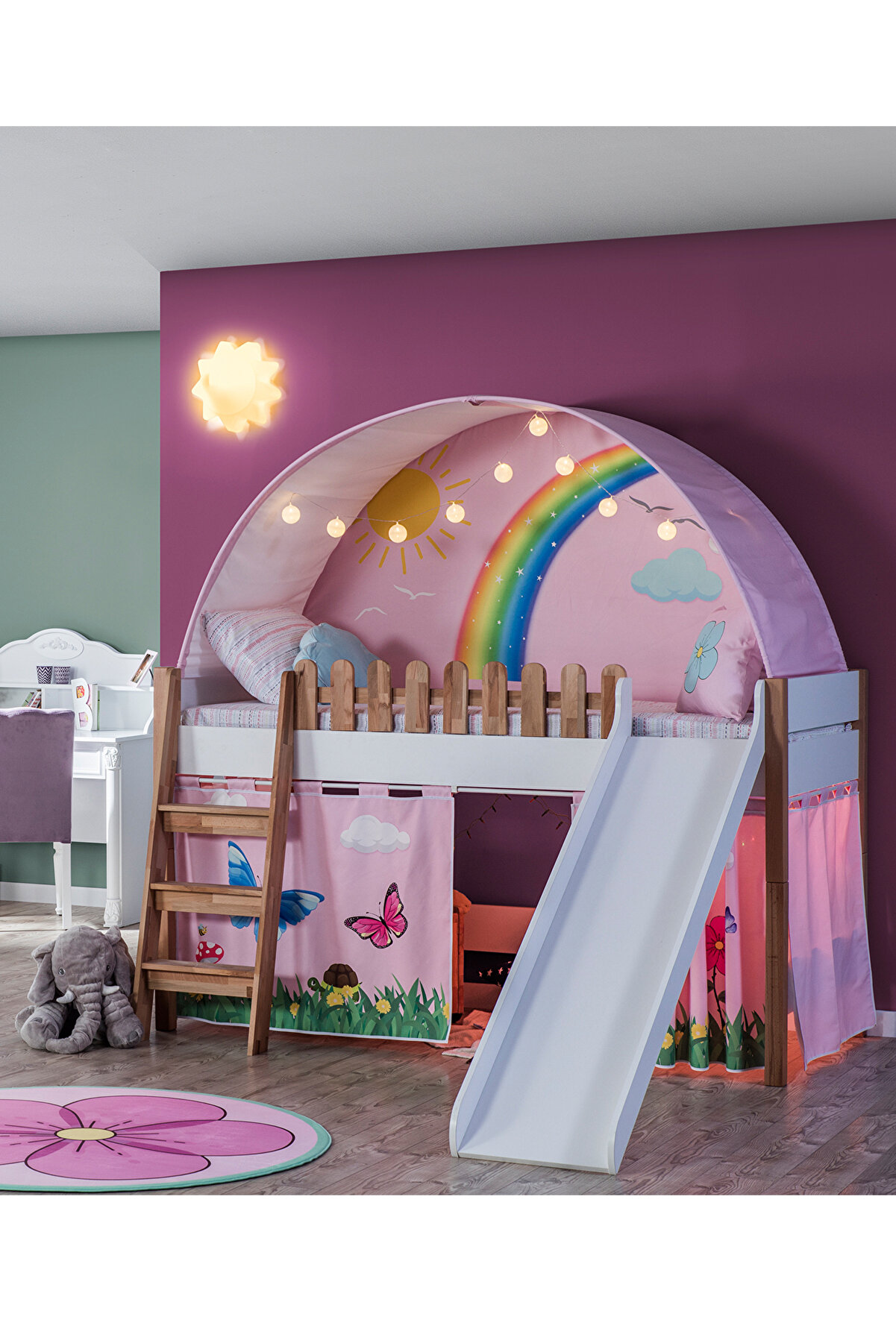 My House Çocuk Odası Montessori Takımı Kaydıraklı Karyola Pembe Oyun Evi