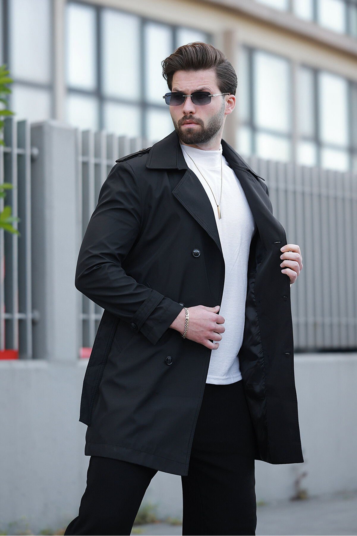 Erkek Premium Apoletli Trençkot Pardesü