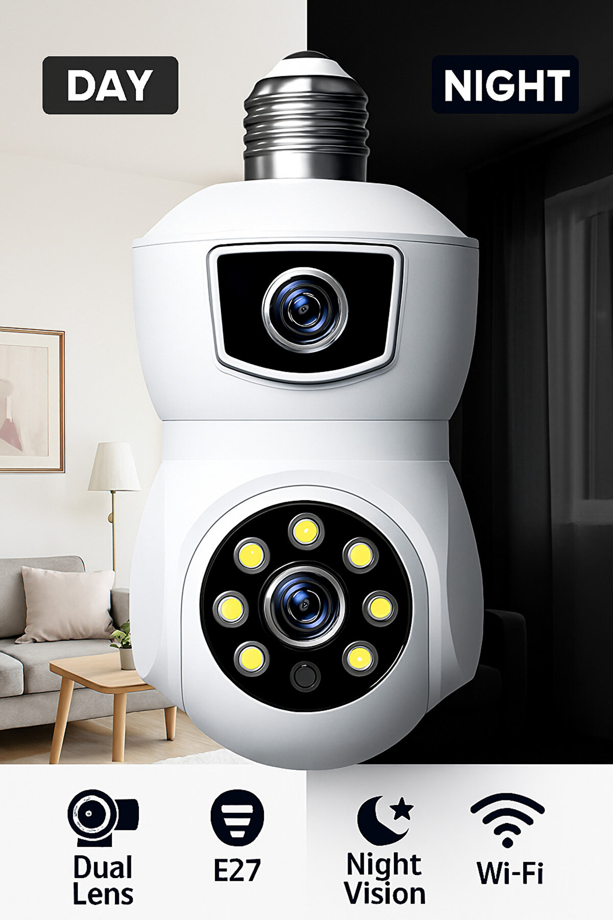 Ahd-30125 Akıllı Wireless Ampül Kamera 360derece Hareketli Çift Kameralı