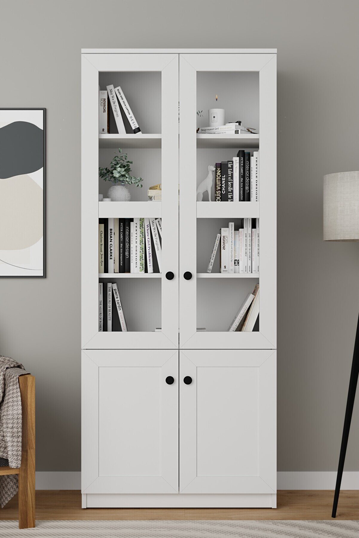 Lisa 4 Kapaklı Beyaz Vitrin - Kitaplık ve Çok Amaçlı Dolap