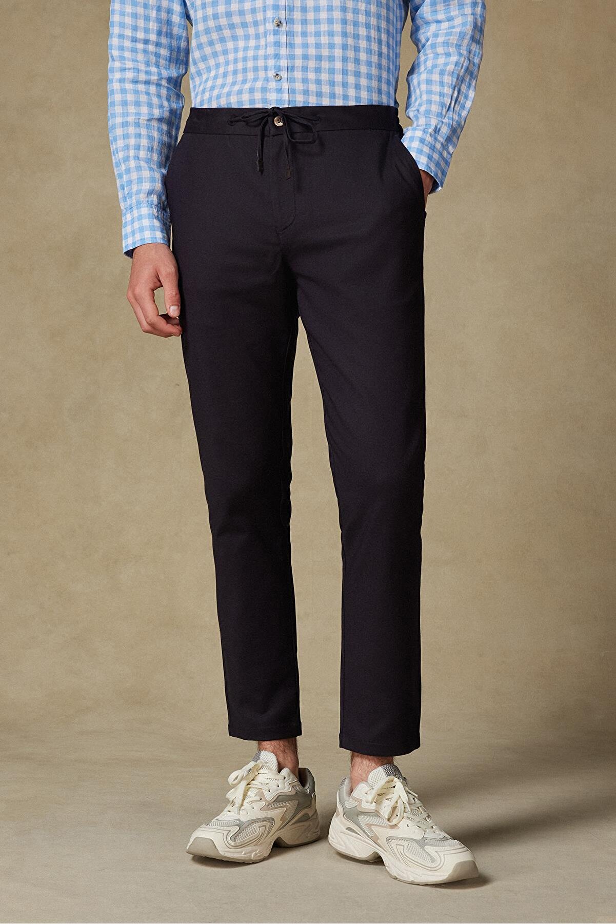 Soft Dokuma Pamuk Karışımlı Tailored Fit Lacivert Erkek Düz Pantolon