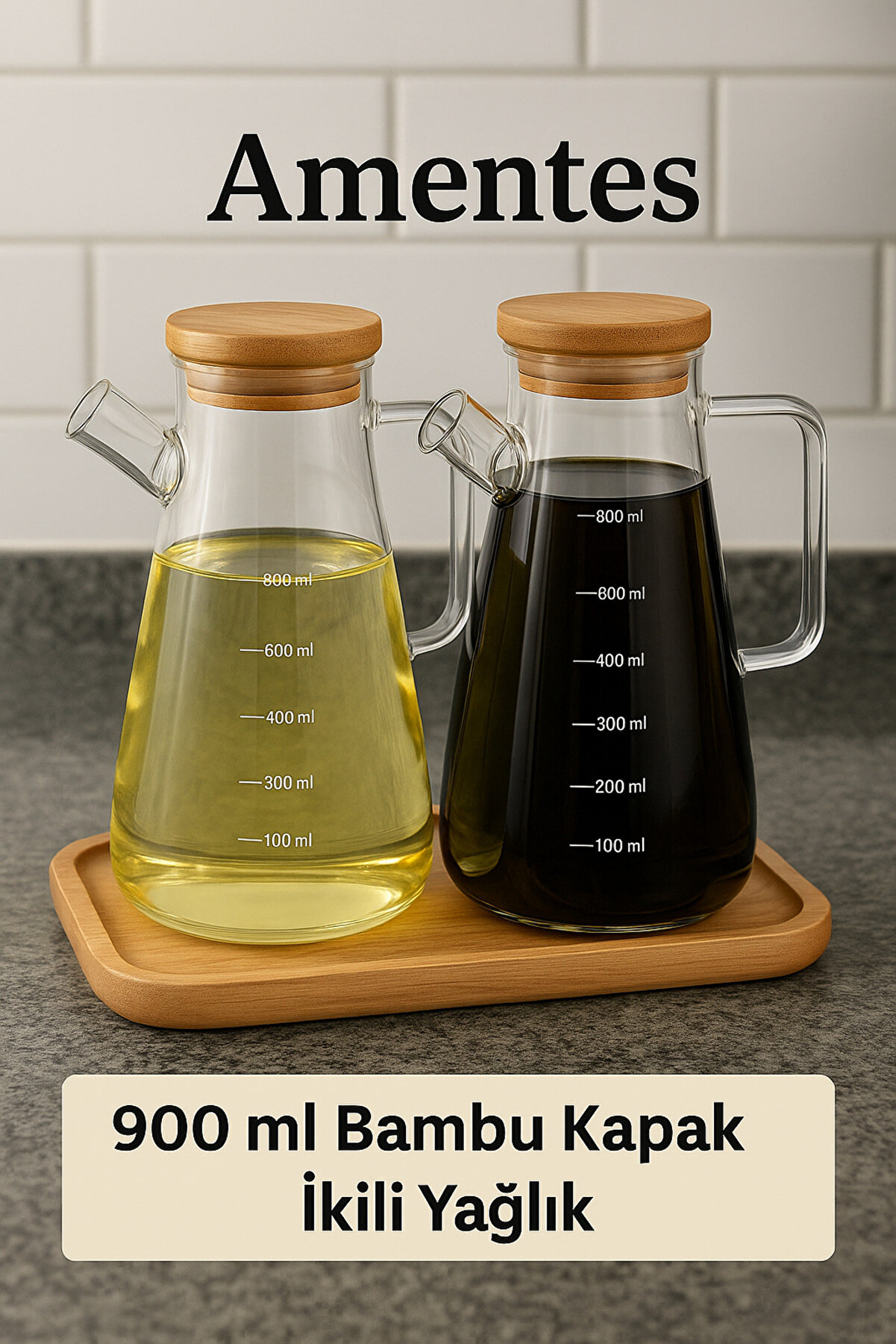Bambu Kapaklı Vakumlu Borosilikat 3'lü Set Cam Yağlık Sirkelik Bambu Altlık