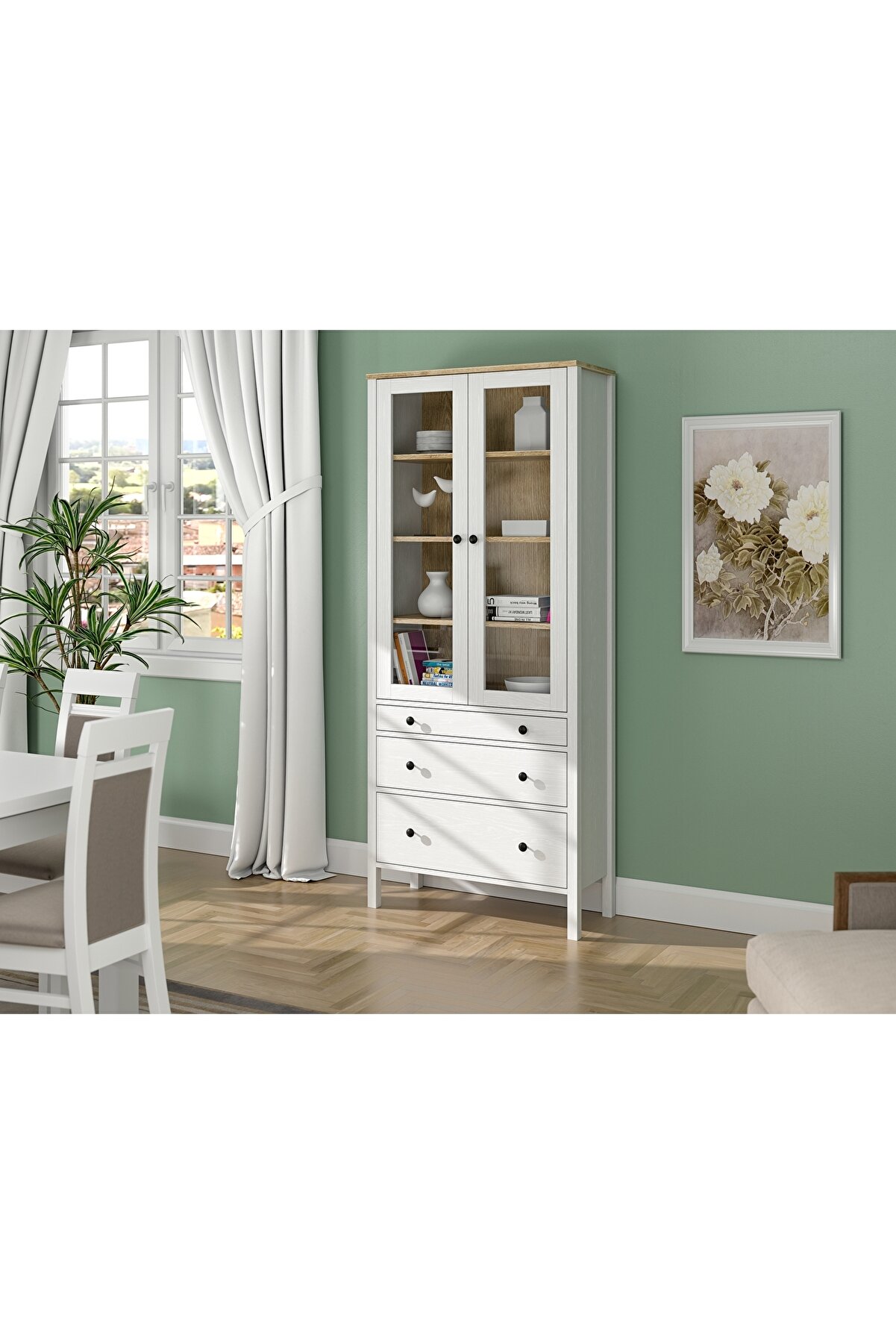 Hunerika Elva Cam Kapaklı Büfe -Wood Beyaz-Minifiks Bağlantılı