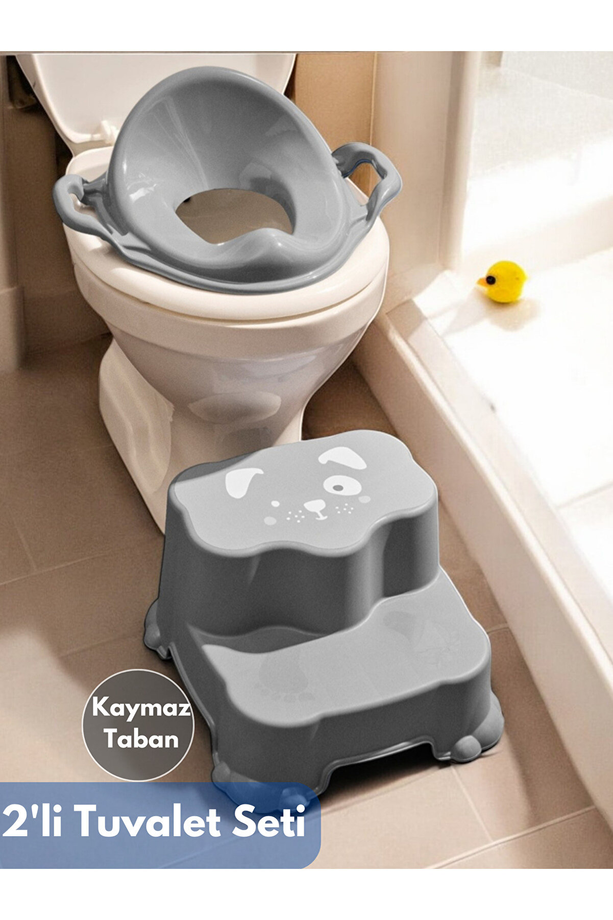 Çocuk Bebek Ilk Tuvalet Eğitimi Kaydırmaz 2 Katlı Tabure Basamak Ve Kulplu Adaptör Seti Gri