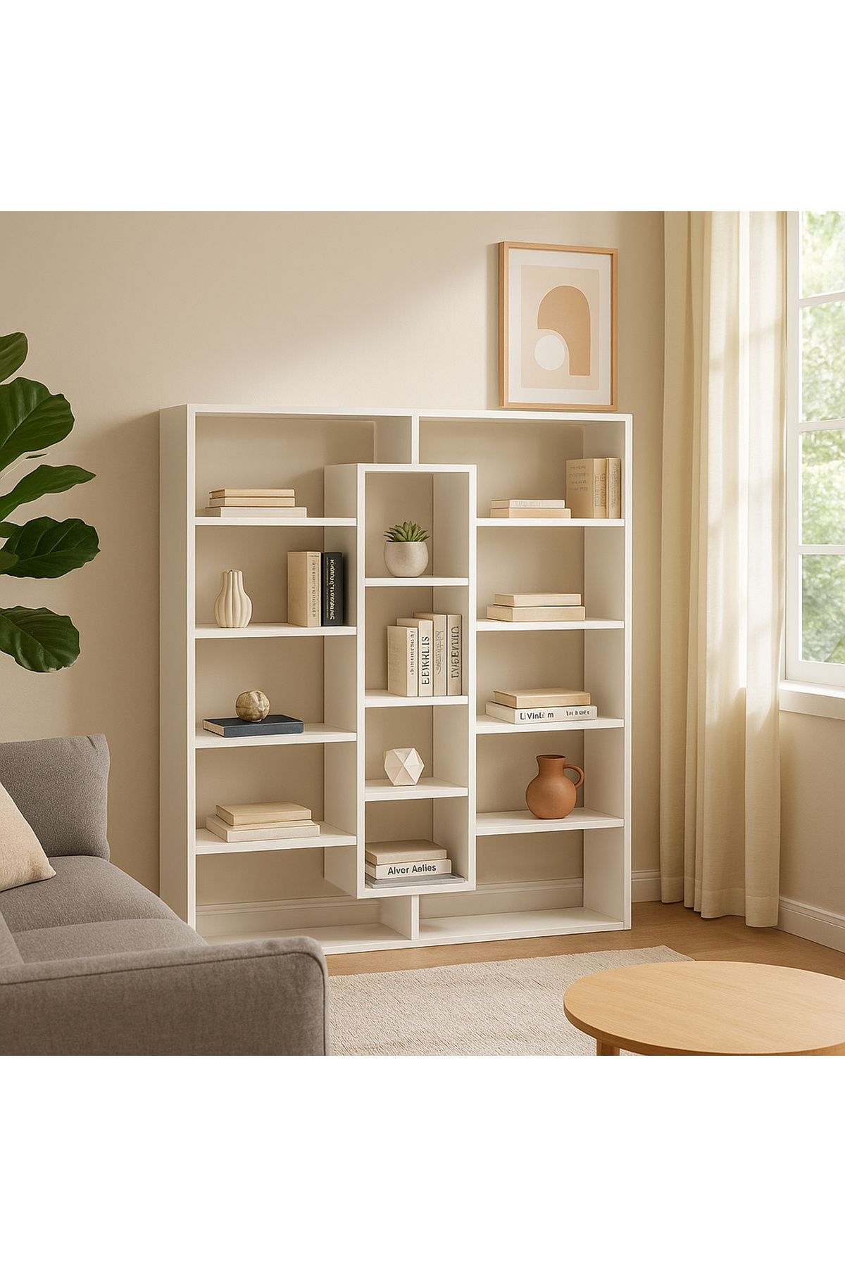 Ample Beyaz Kitaplık - 5 Raflı Dekoratif Çok Amaçlı Ev ve Ofis Kitaplığı