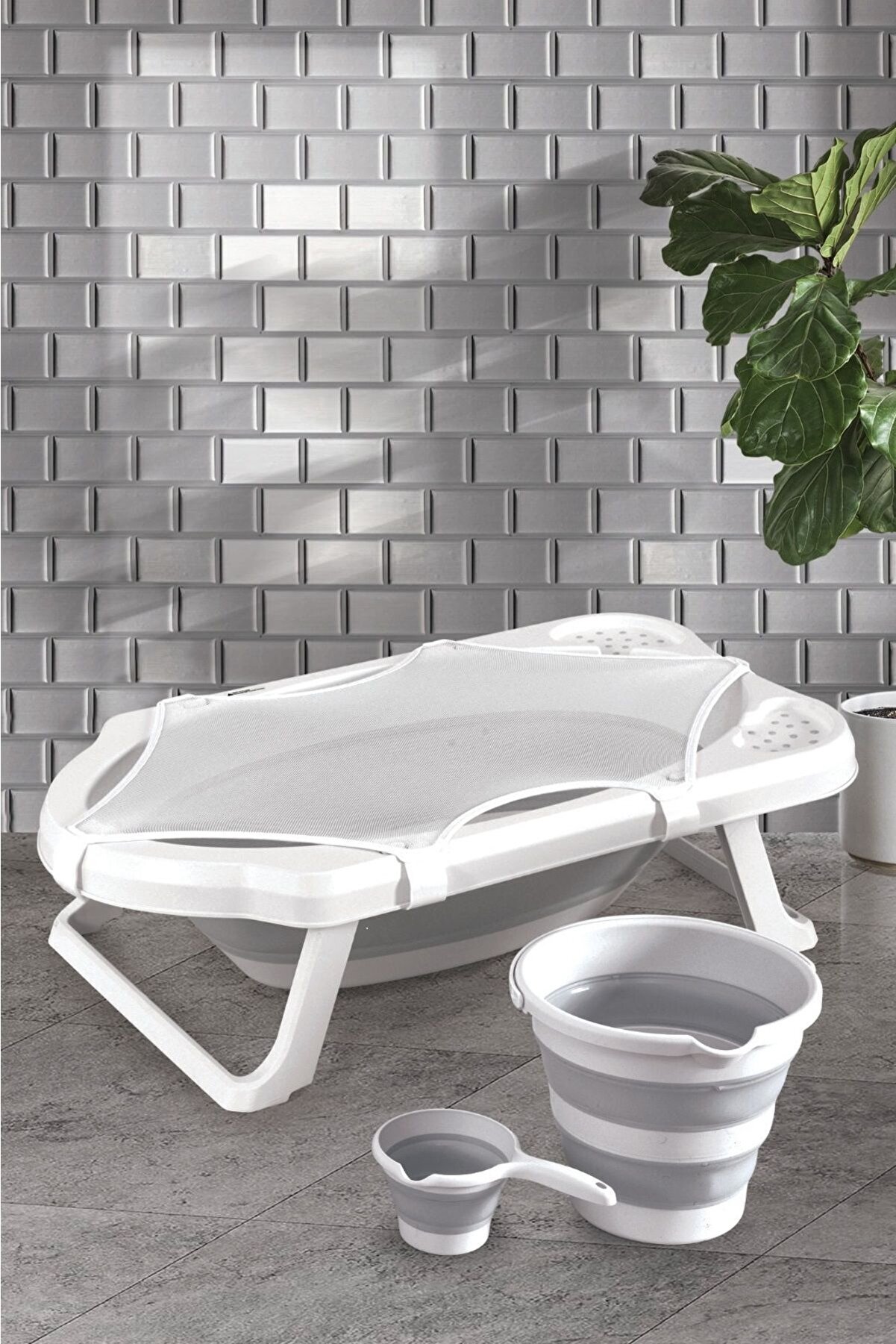 Fileli Gri Katlanır Banyo Seti Uf 4lü Set