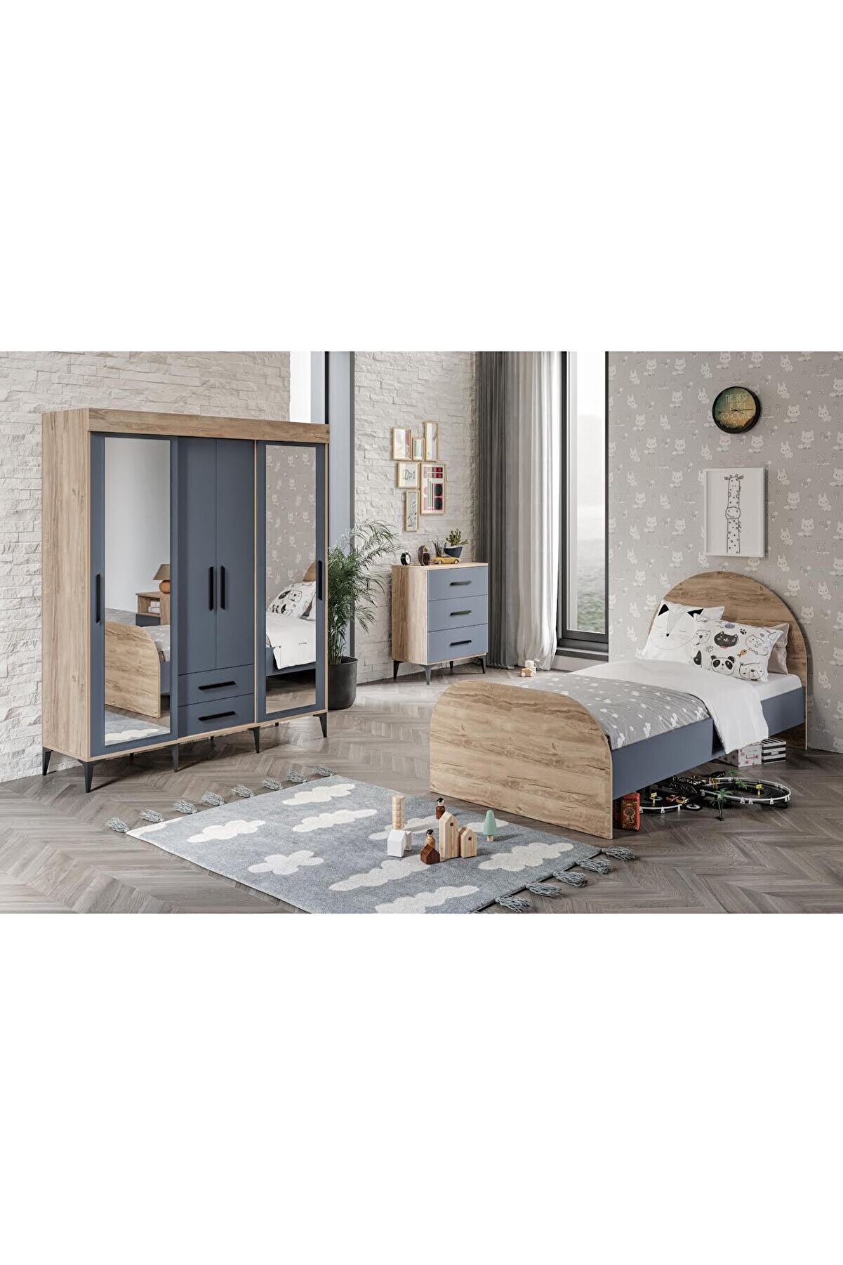 Izmir Çocuk Odası Takımı Tamamı Mdf Antrasit Ve Flora Aynalı