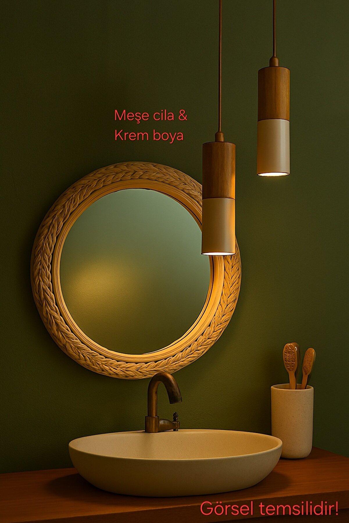 Tirso 2'li Dekoratif Metal Krem & Ahşap Tavan Sarkıt Avize (GÜN IŞIĞI LED AMPULLER DAHİLDİR...)