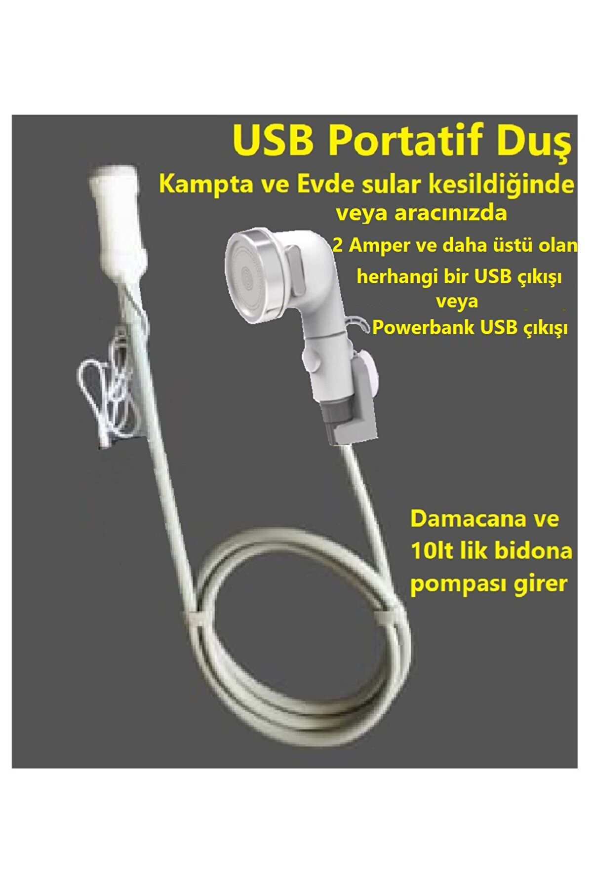 Portatif USB Kamp Duşu 10 litre su bidonu ve Damacanaya girer USB 2 Amper ve üstü ile çalışır