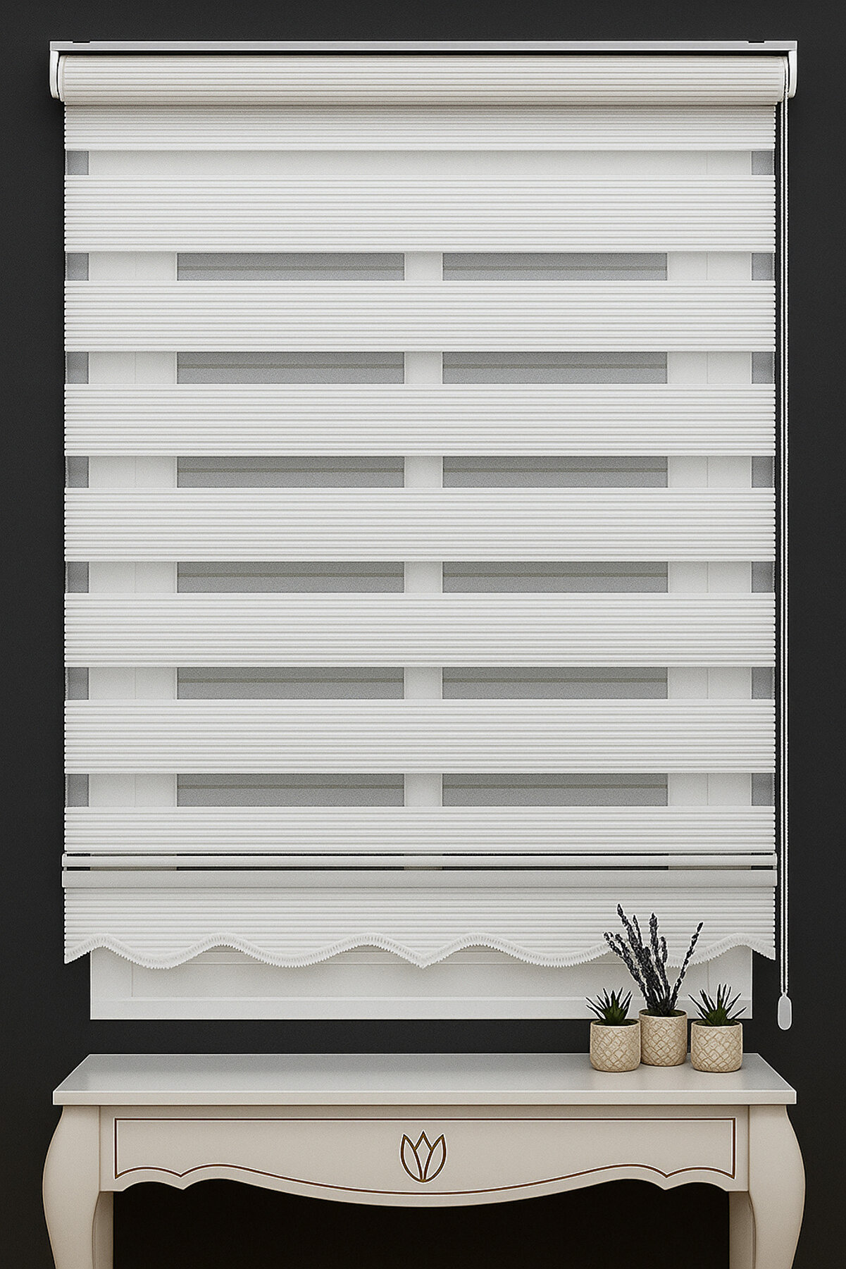 Geniş Pliseli Etek Dilimli Ekru Beyaz Zebra Stor Güneşlik Perde