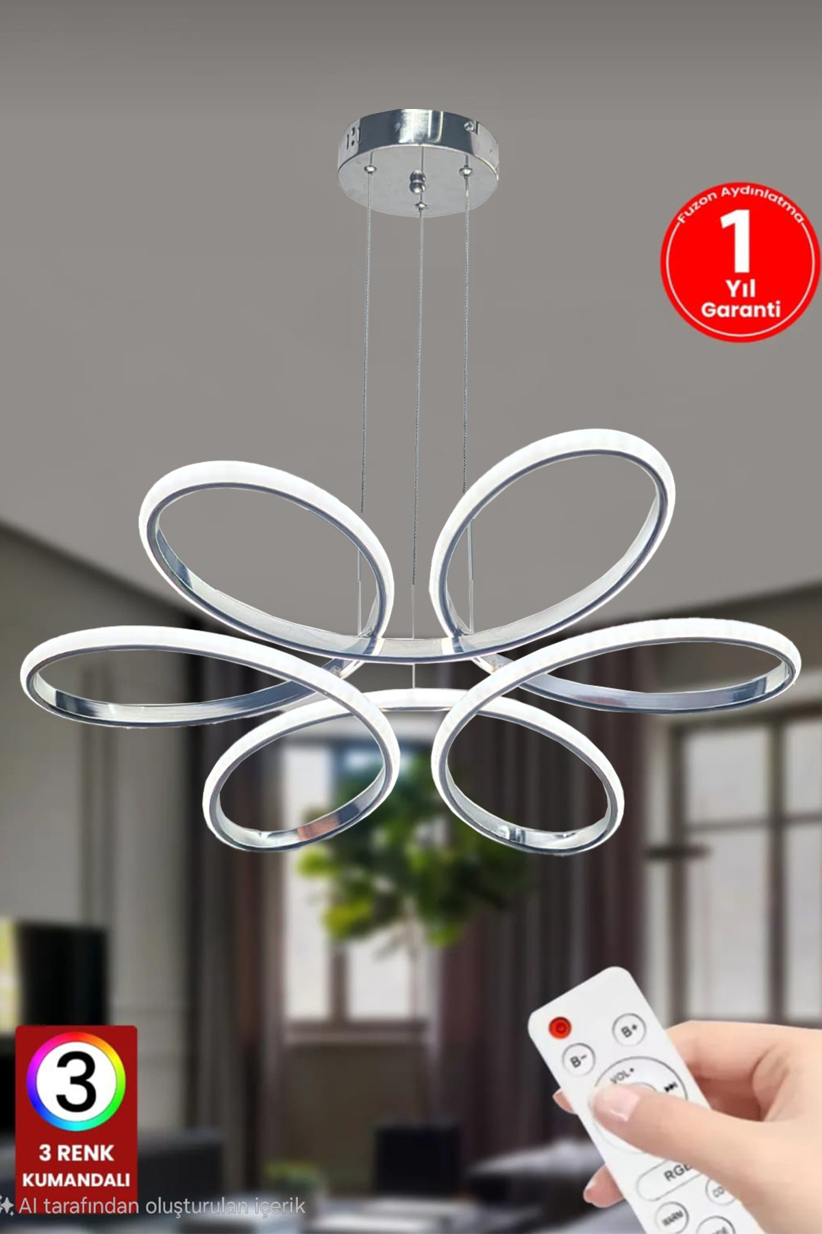 3 Renk  Kumandalı Krom Gümüş Salon Led Avize Orkide Ledli Avize Büyük Salon Avizesi