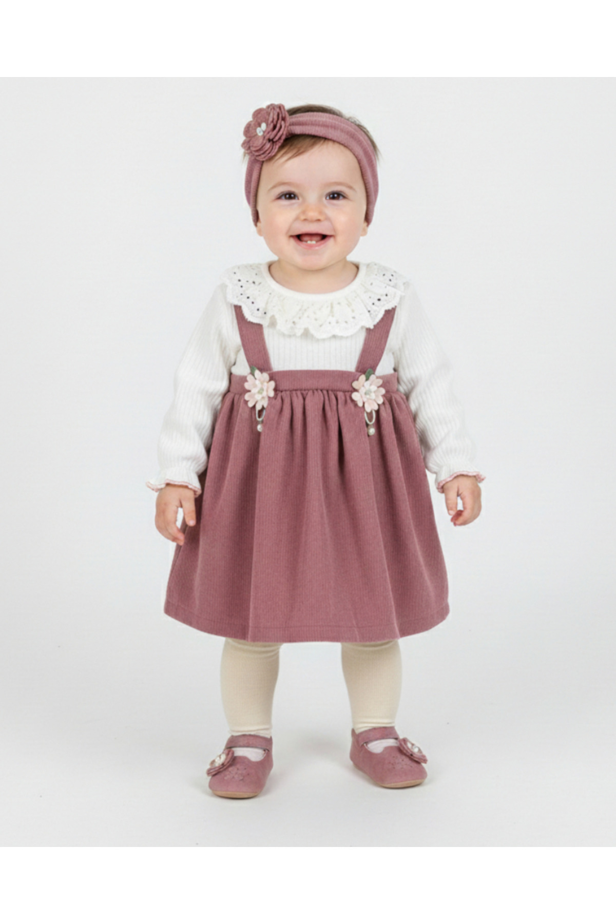 Kız Bebek Vintage Bebe Yakalı, Fitilli Çiçek Aksesuarlı Elbise l l 6-9-12-18-24-36 Ay Elbise