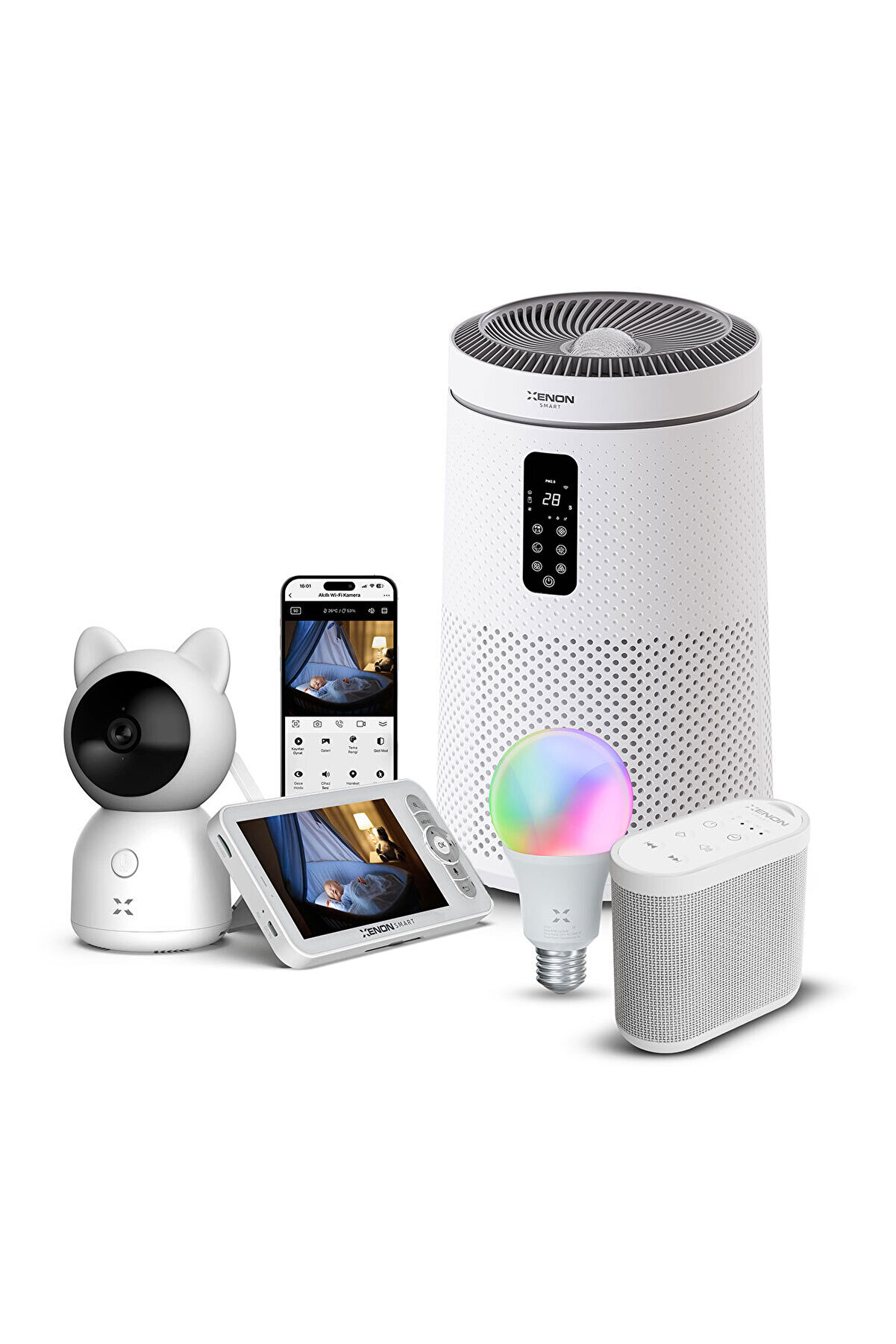 Akıllı Bebek Kamerası Hava Temizleyici Beyaz Gürültü Pış Pış Sesi Uyku Arkadaşı ve RGB Ampul Seti