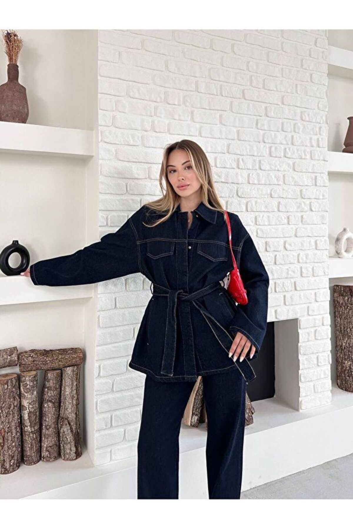 Belden Bağlamalı Denim Takım