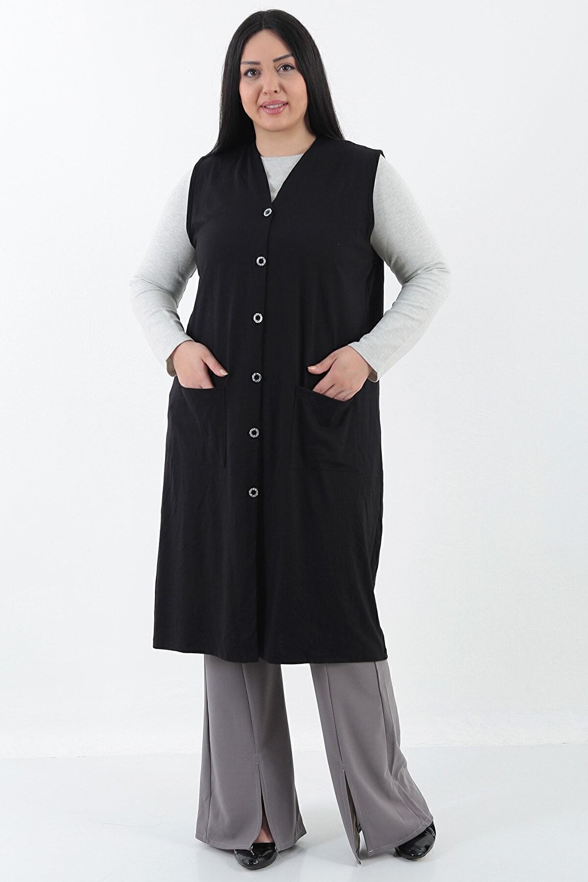 Büyük Beden Önden Cepli Düğmeli Uzun Yelek