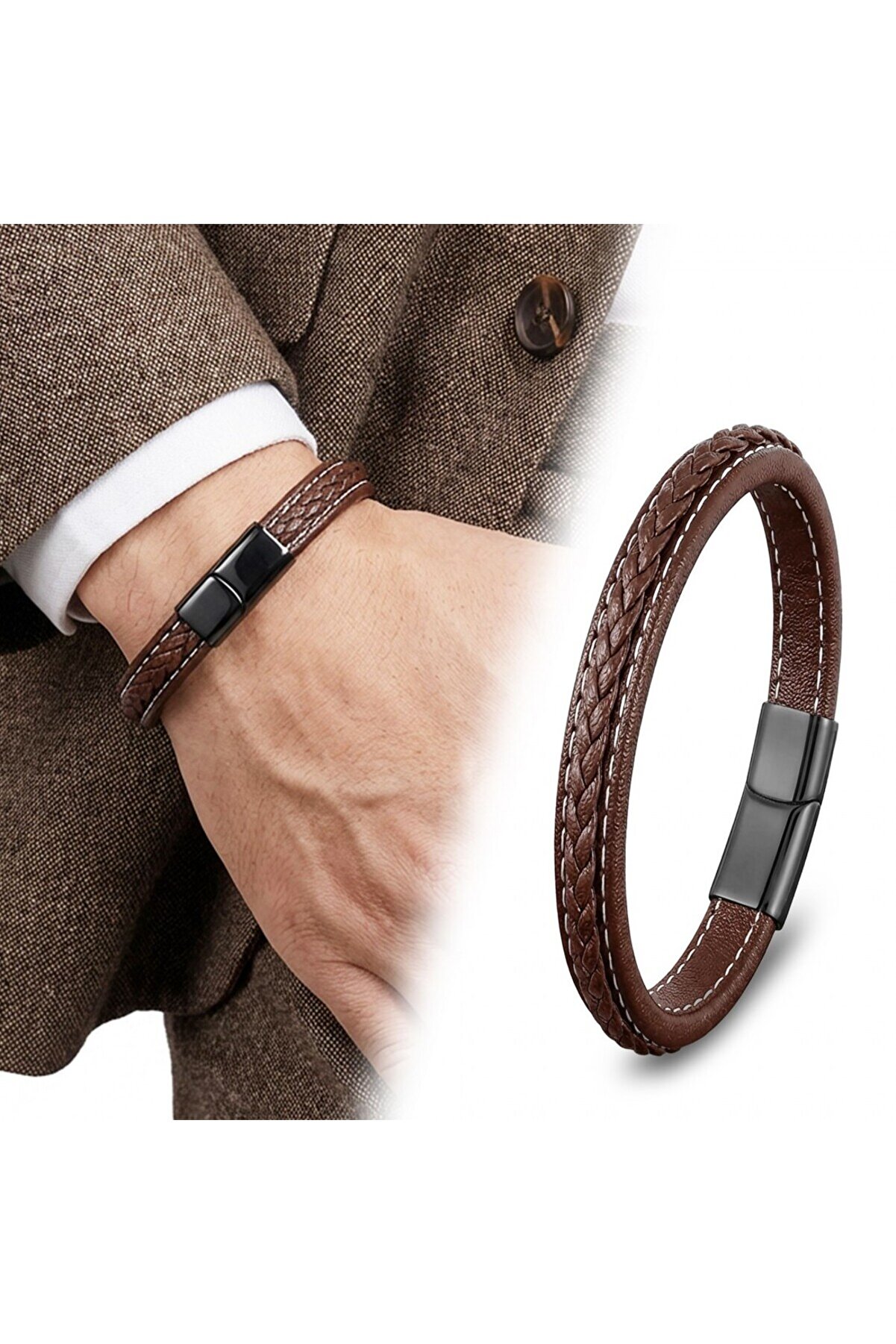 Kahve &amp; Kahve Saç Örgülü Deri Ve Çelik Bileklik | 14 Şubat Sevgililer Günü Hediyesi