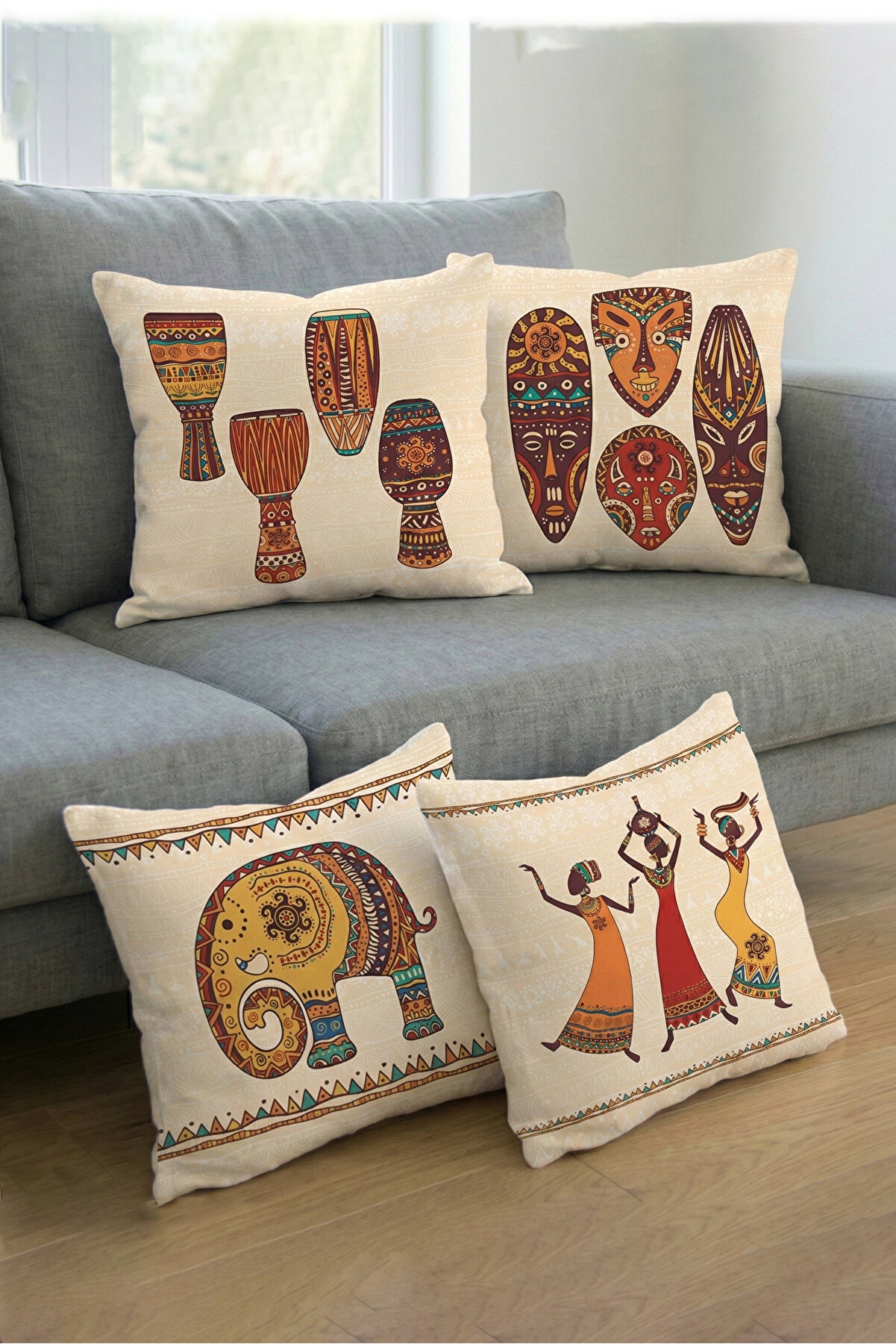 Afrika Temalı Kırmızı Sarı Renklerde Hediyelik 4'lü Dijital Baskılı Koltuk Kırlent Kılıfları