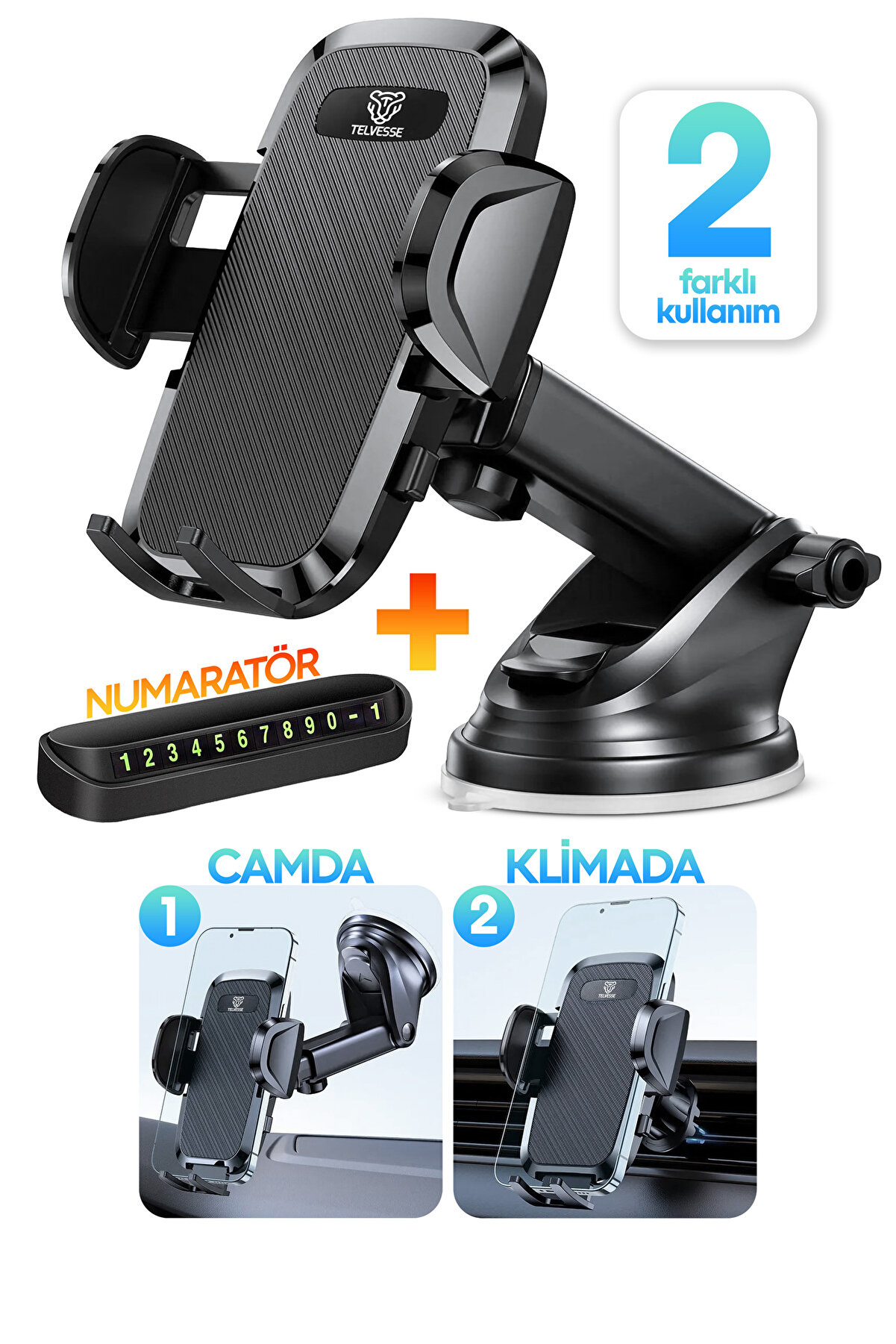 2li Set Otomatik Araç İçi Telefon Tutucu + Araç Numaratörü Vantuzlu Araba Torpido Telefon Tutacağı