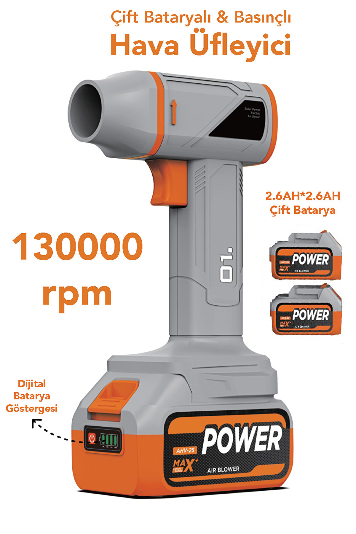 130.000 Rpm Çift Bataryalı Hava Üfleyici - 120W Şarjlı Turbofan Araç Kurutma Üfleme Cihazı Gri