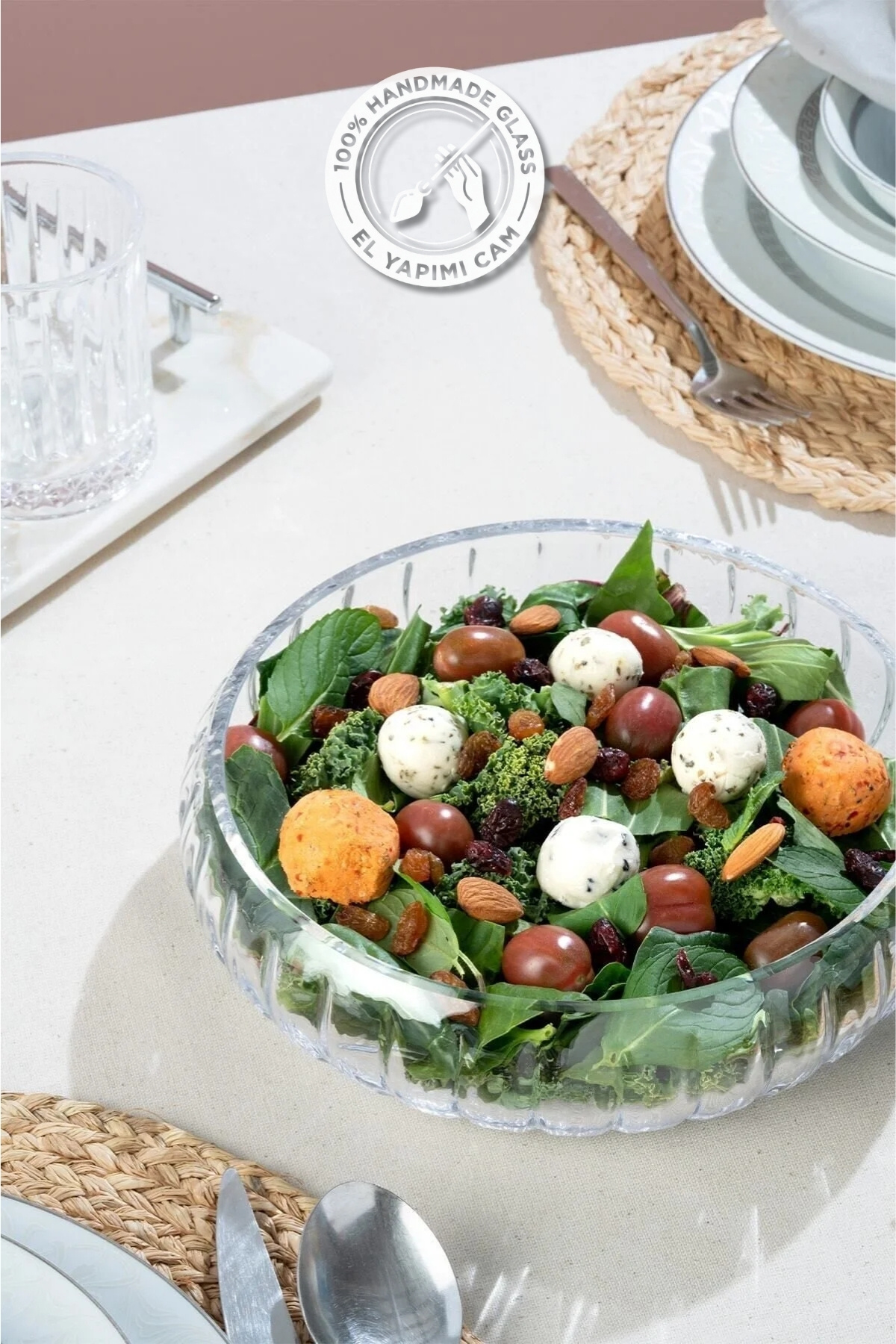 Selen Concept El Yapımı Büyük Boy Cam Salata Kasesi