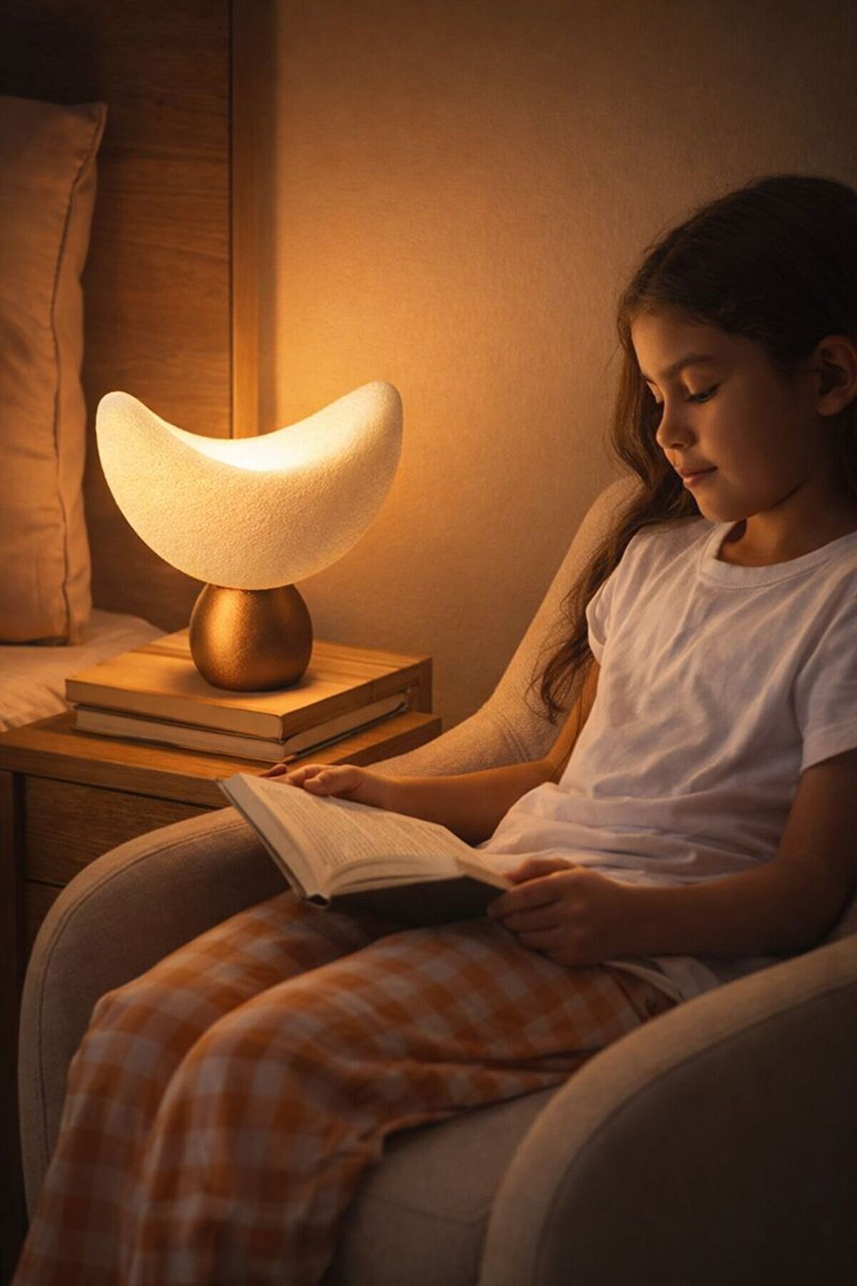 Dekoratif Luna Masa Lambası Beyaz Abajur Bronz Taban Loş Amber Işık, Rustik Ampul Hediyeli