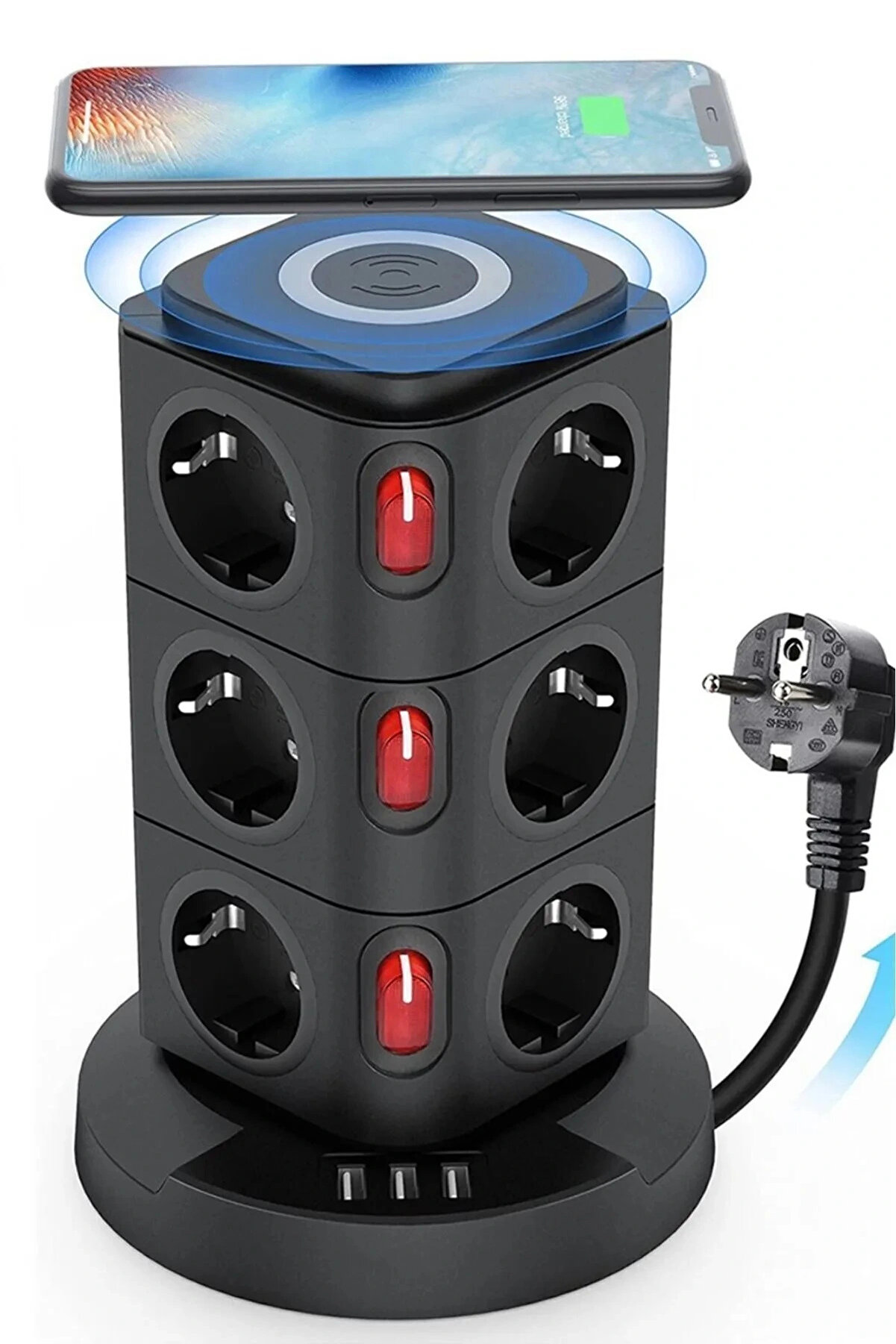 Termal Akım Korumalı Isıya Dayanıklı 3 Usb 12 Priz Ve Wireless Kablosuz Şarj 2.4 Amper Kablolu Priz