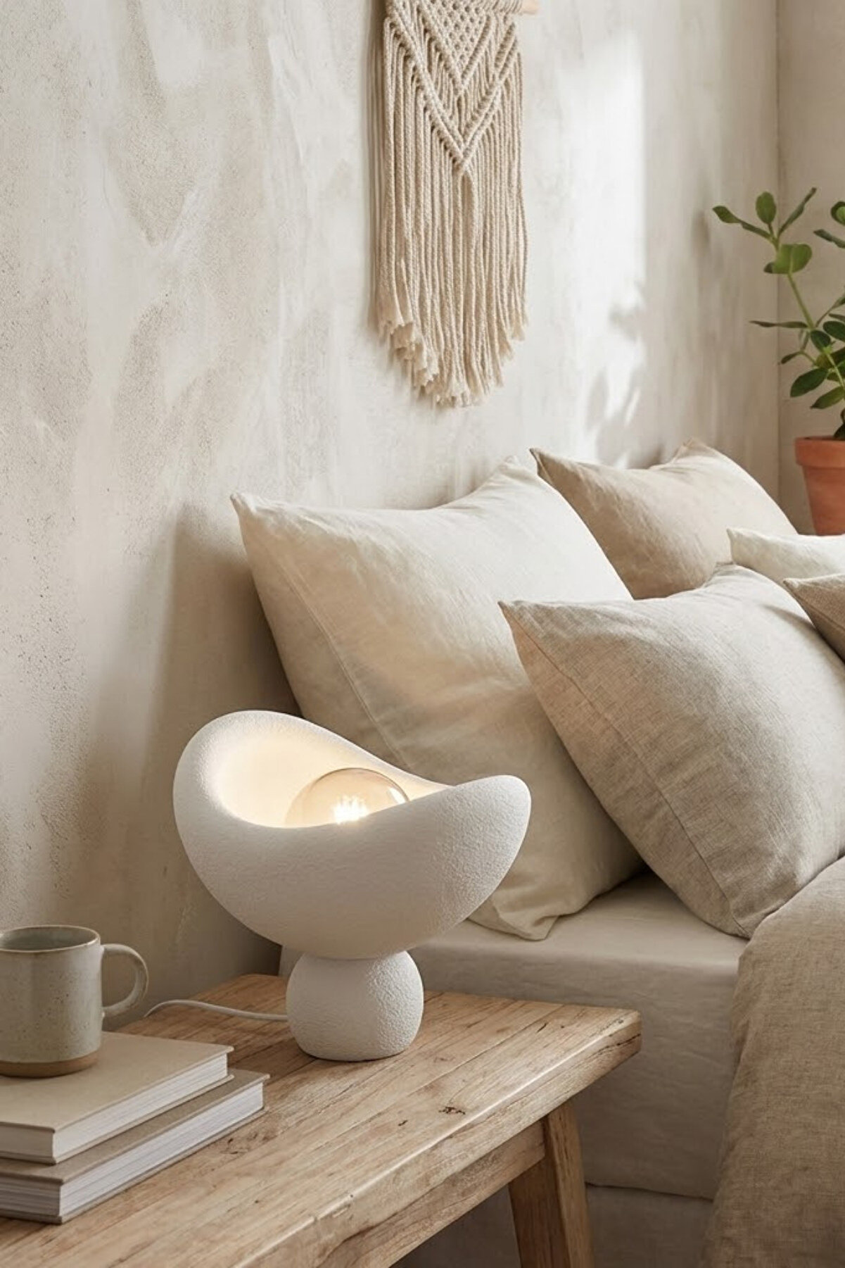 Dekoratif Luna Tasarım Masa Lambası Beyaz Abajur Loş Amber Işık, Rustik Ampul Hediyeli