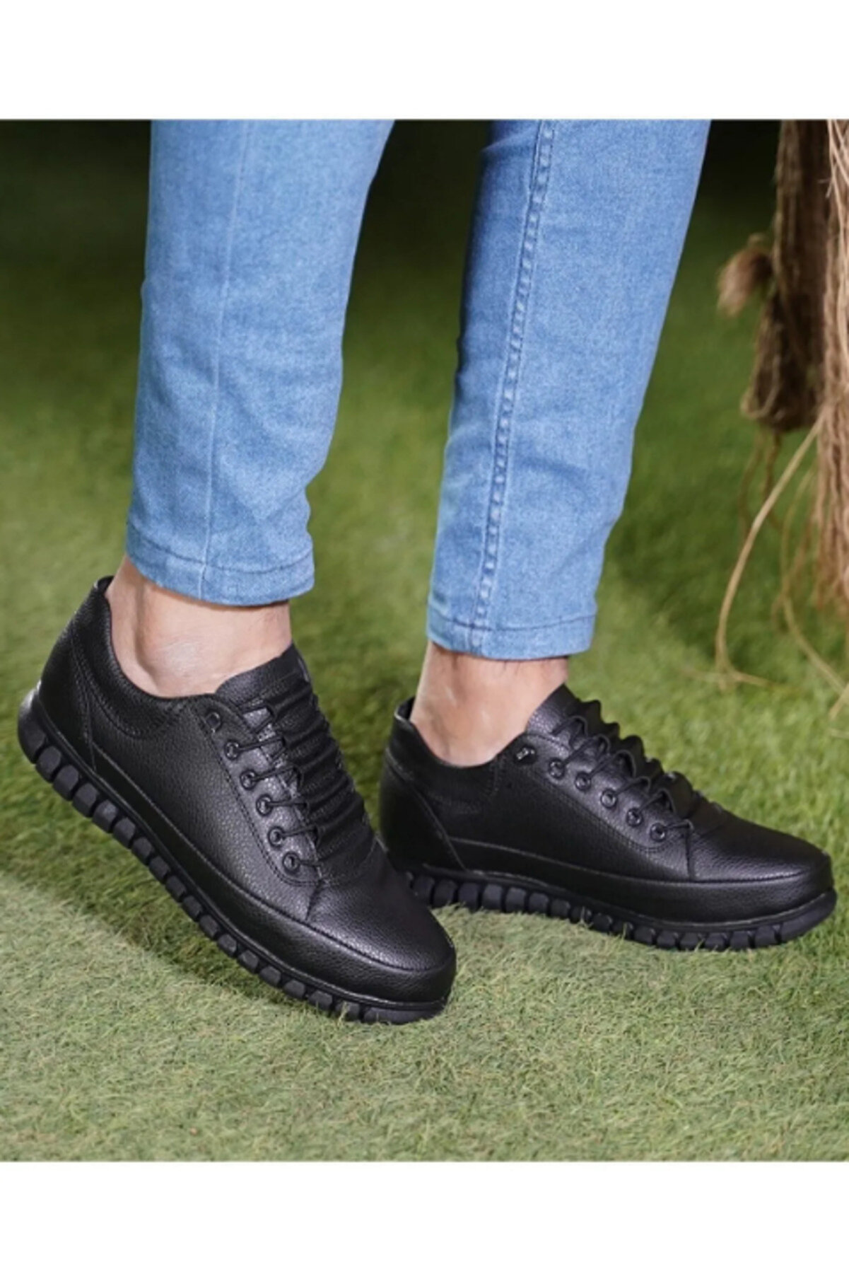 Erkek Siyah Deri Görünümlü Günlük Spor Ayakkabı Kaymaz Taban