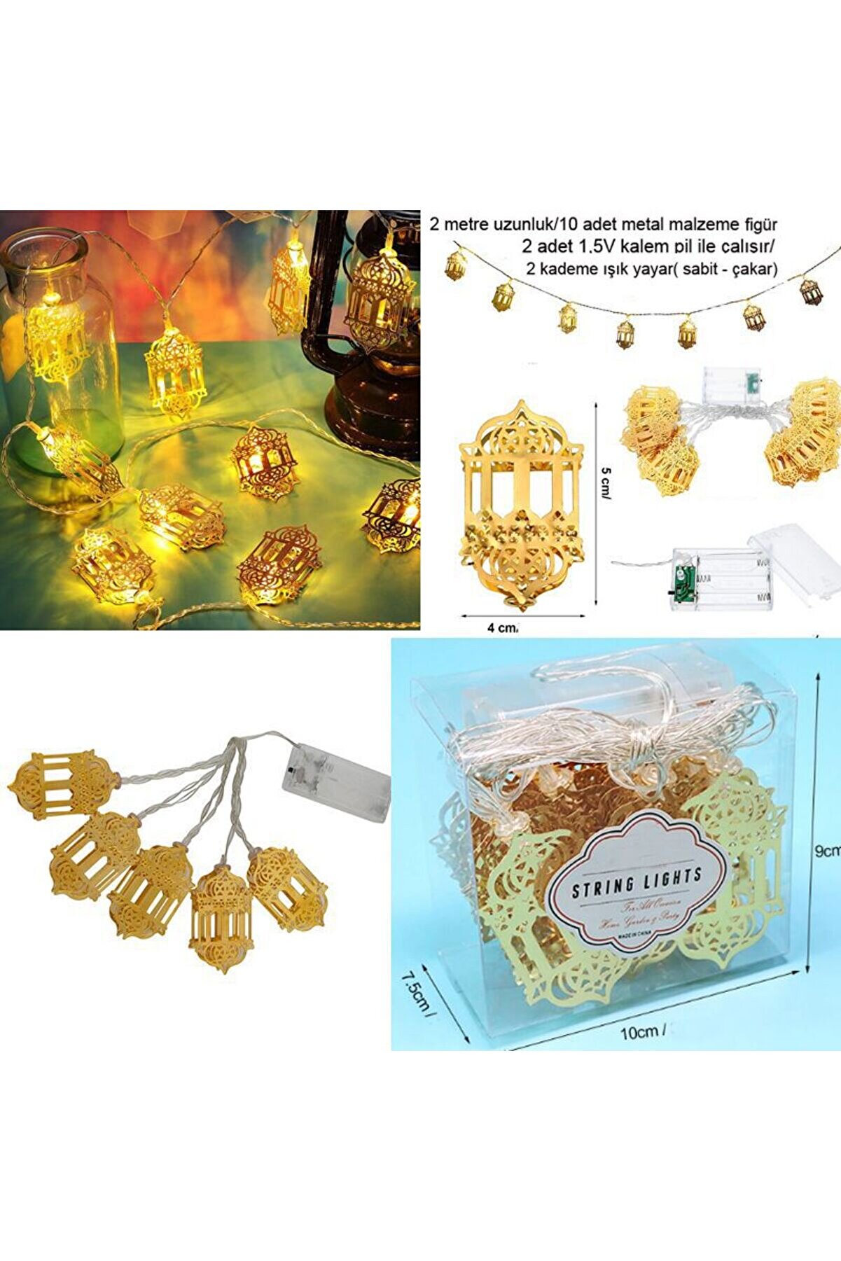 Ramazan Temalı Gün Işığı 10 Ampullü Metal Kandil Şeklinde Pilli Led Işık 2 Mt