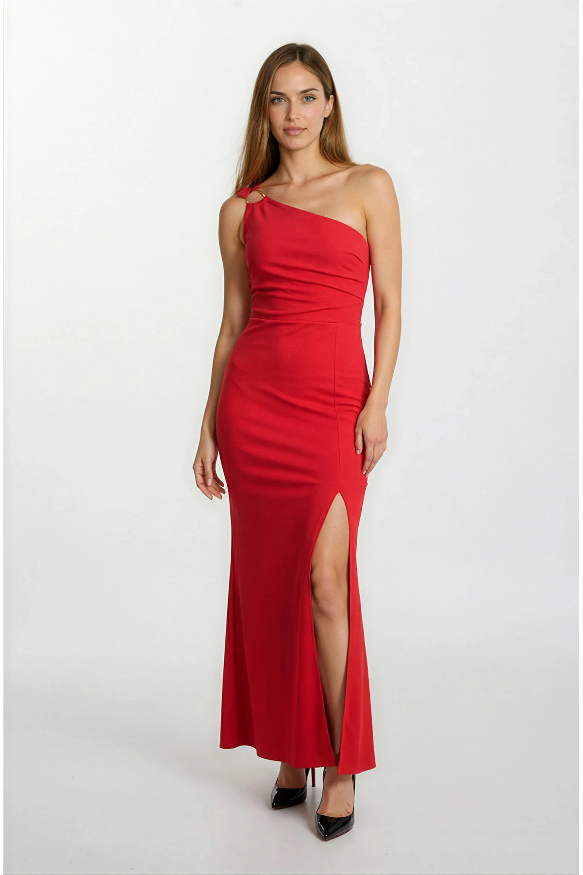 Ampilioi Tek Omuz Askılı Halka Detaylı Uzun Abiye Elbise KIRMIZI