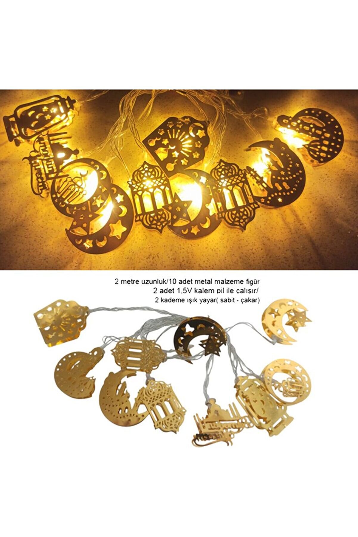 Karışık Figürlerde Ramazan Temalı 10 Metal Ampullü Pilli Gün Işığı Led Işık 2 Mt