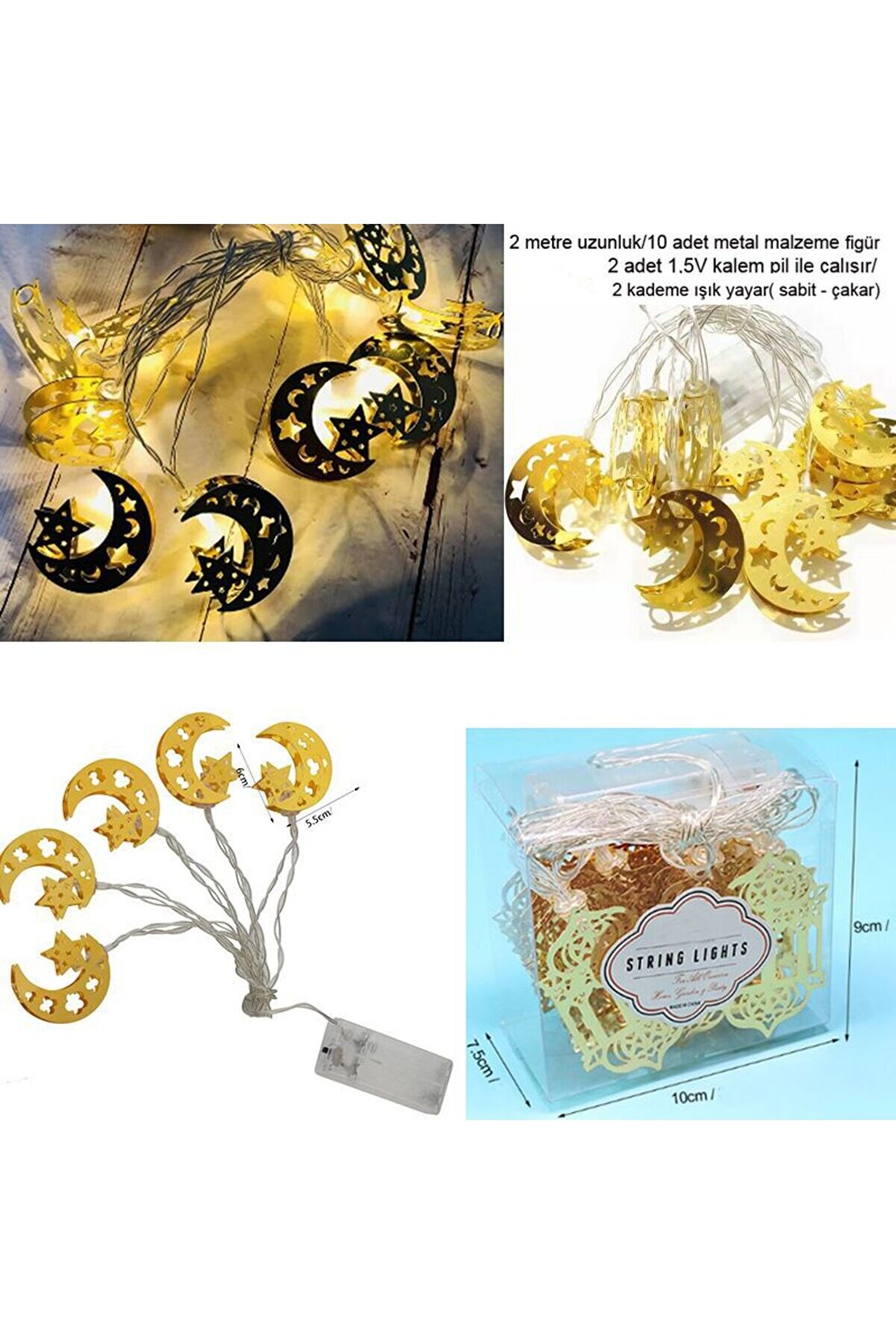 Ramazan Temalı Gün Işığı 10 Ampullü Metal Hilal Ay Yıldız Şeklinde Pilli Led Işık 2 Mt