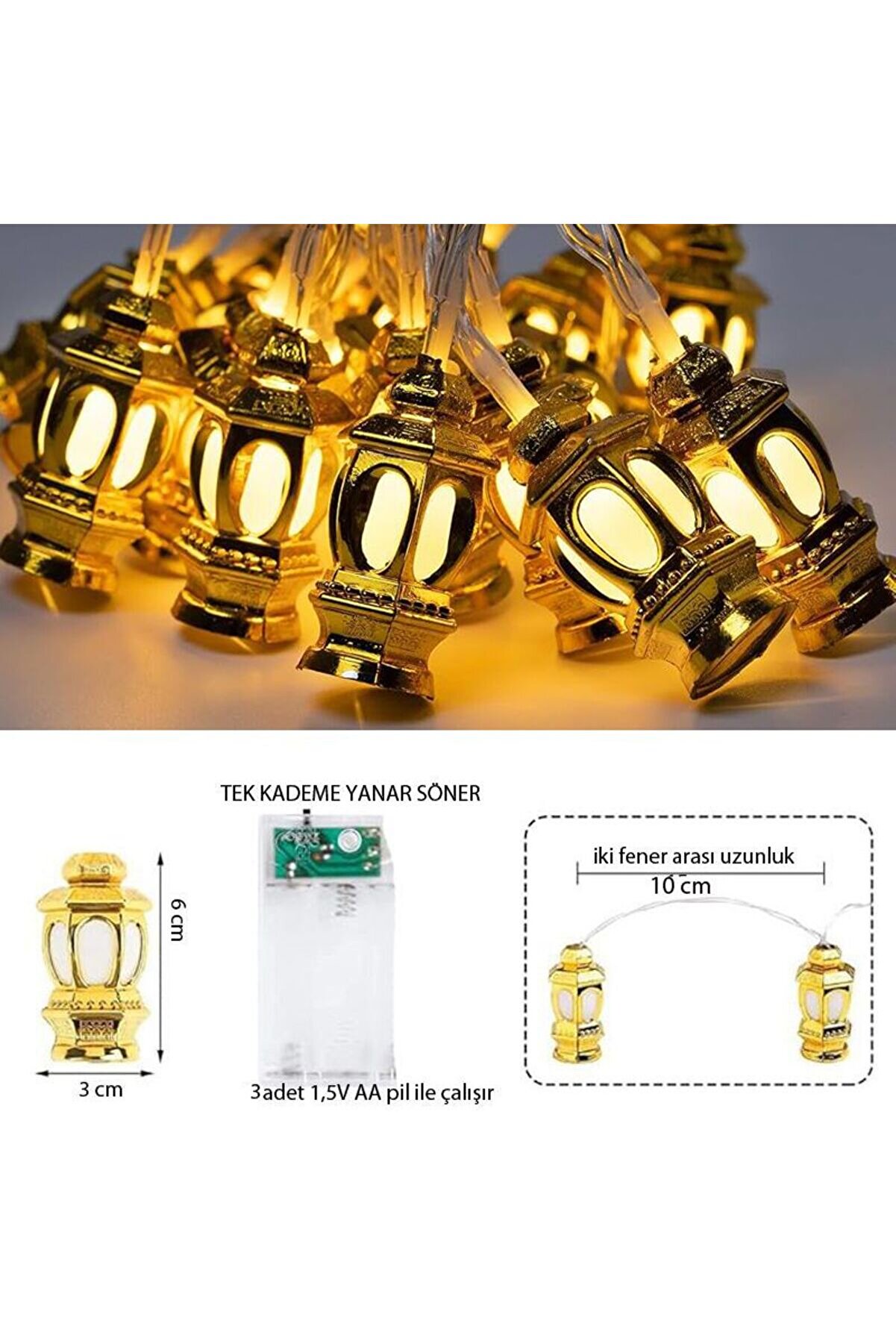 Ramazan Temalı Gün Işığı Renk 20 Plastik Ampullü Fener Şeklinde Pilli Led Işık 3 Mt yılbaş