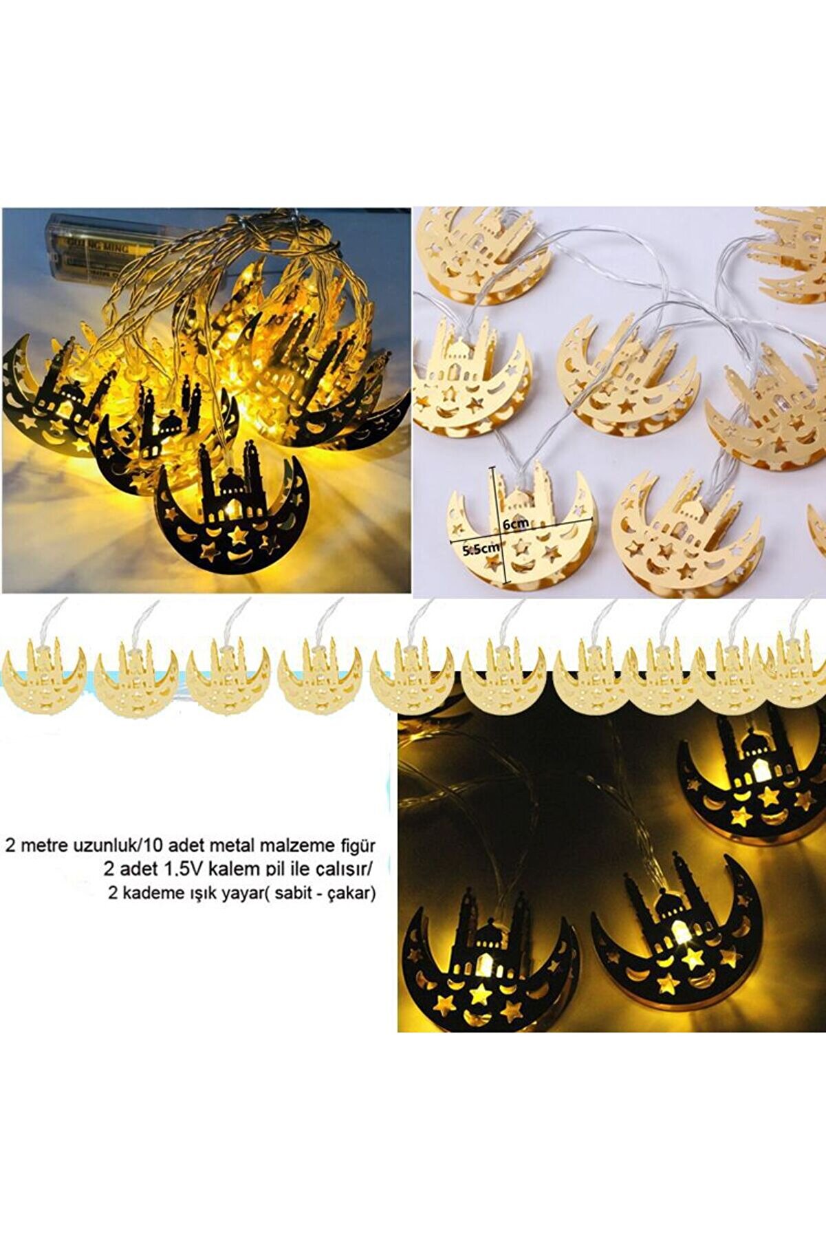 Ramazan Temalı Gün Işığı 10 Ampullü Metal Yarım Hilal Şeklinde Camili Pilli Led Işık 2 Mt