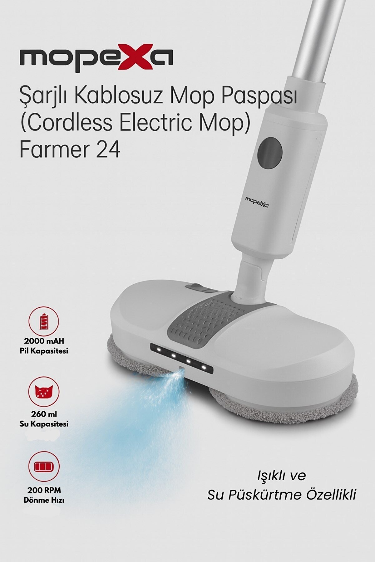 Mopexa Şarjlı Kablosuz Mop Paspas Sessiz Çalışma Işıklı Ve Su Püskürtme Özellikli