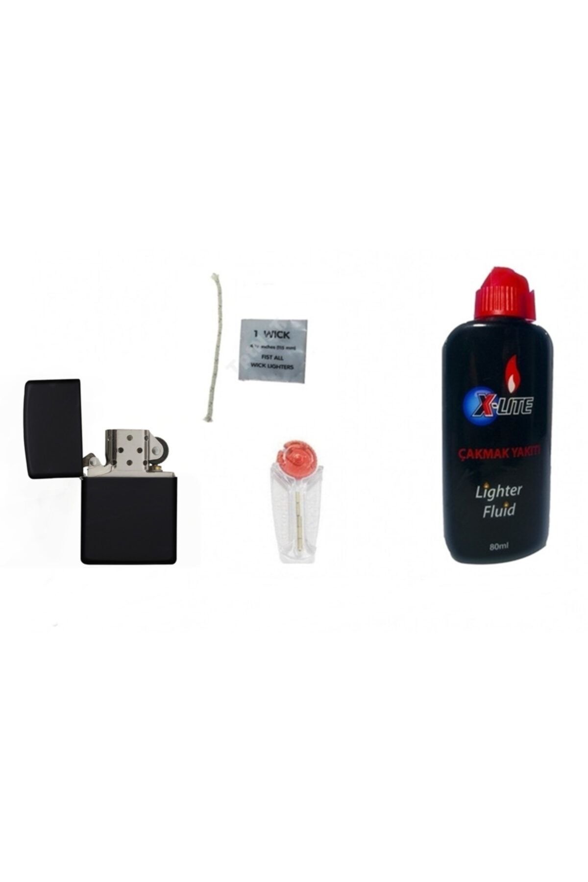 Zippo Model Siyah Çakmak - X-lite Benzin 80 Ml - Fitil Ve Taş 4 Lü Süper Set