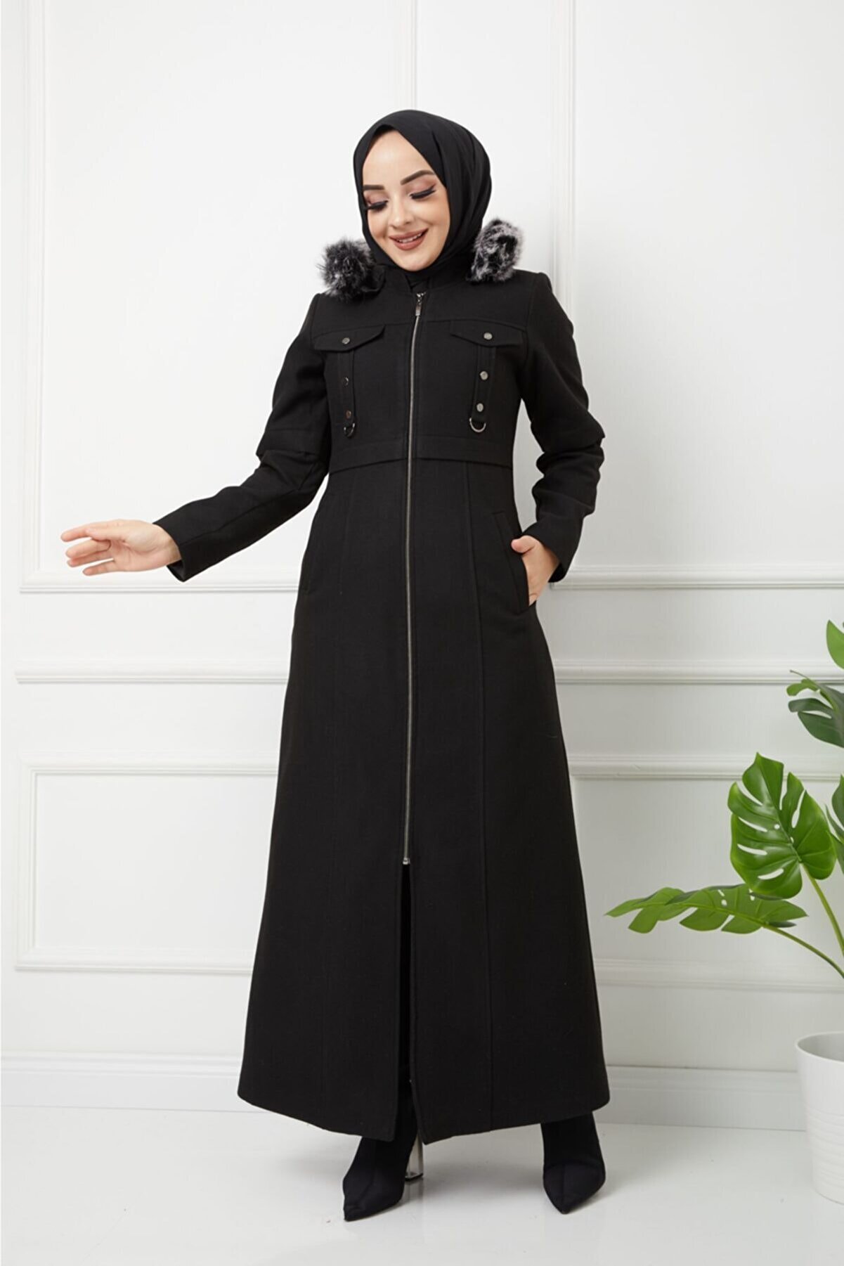 Kadın Kışlık Uzun Tam Boy Fermuarlı Kapşonu Kürklü Kaşe Pardesü Mont Kaban