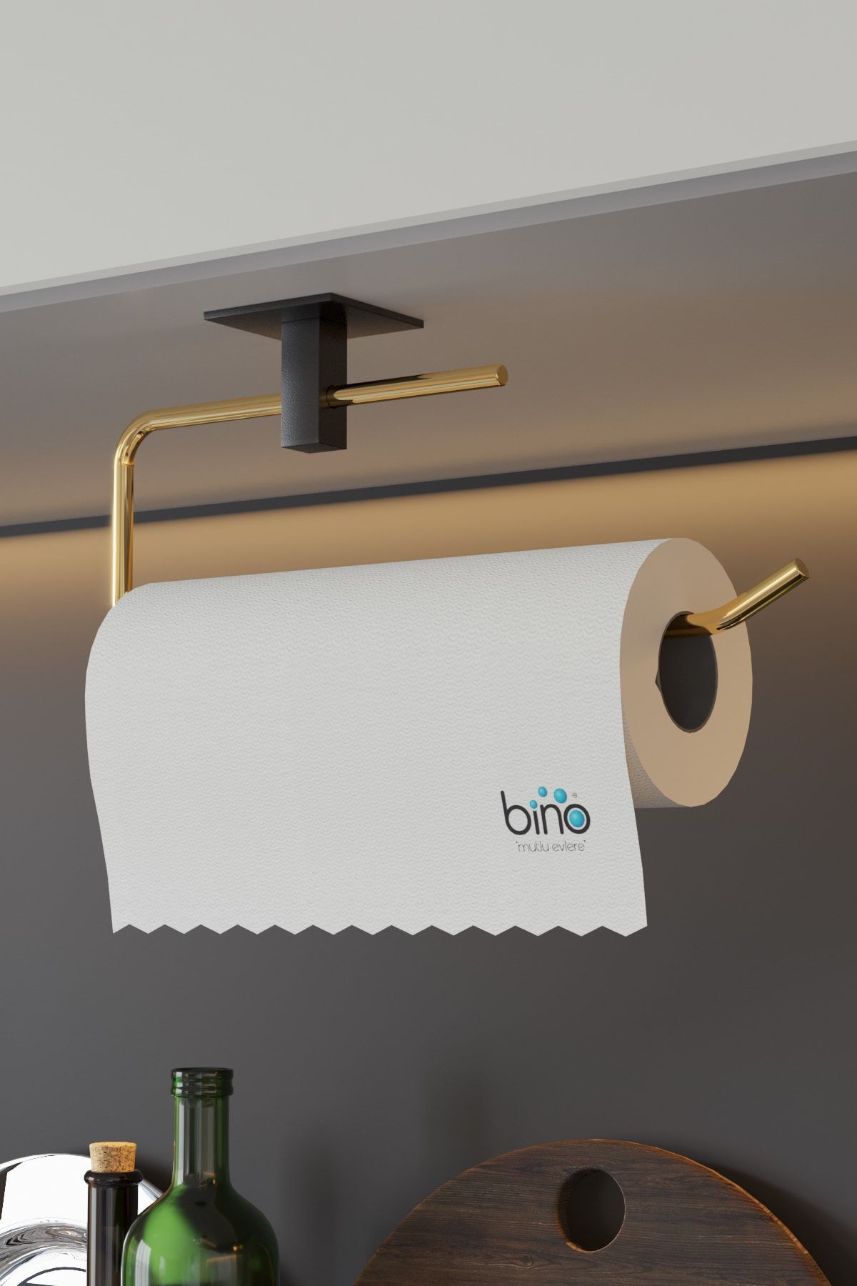 Gold Paslanmaz Dolu Çelik, Kağıt Rulo Havluluk, Peçetelik, Yapışkanlı Tasarım, Banyo Askısı