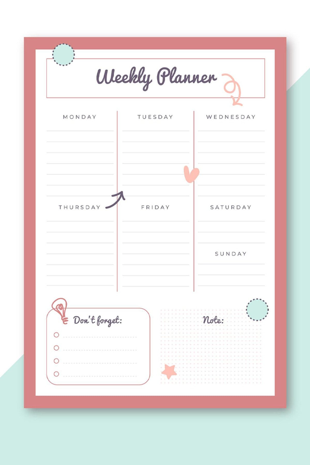 Weekly Planner - Günlük Hatırlatıcı Planlayıcı Haftalık Defter 15*21cm 50 Yaprak