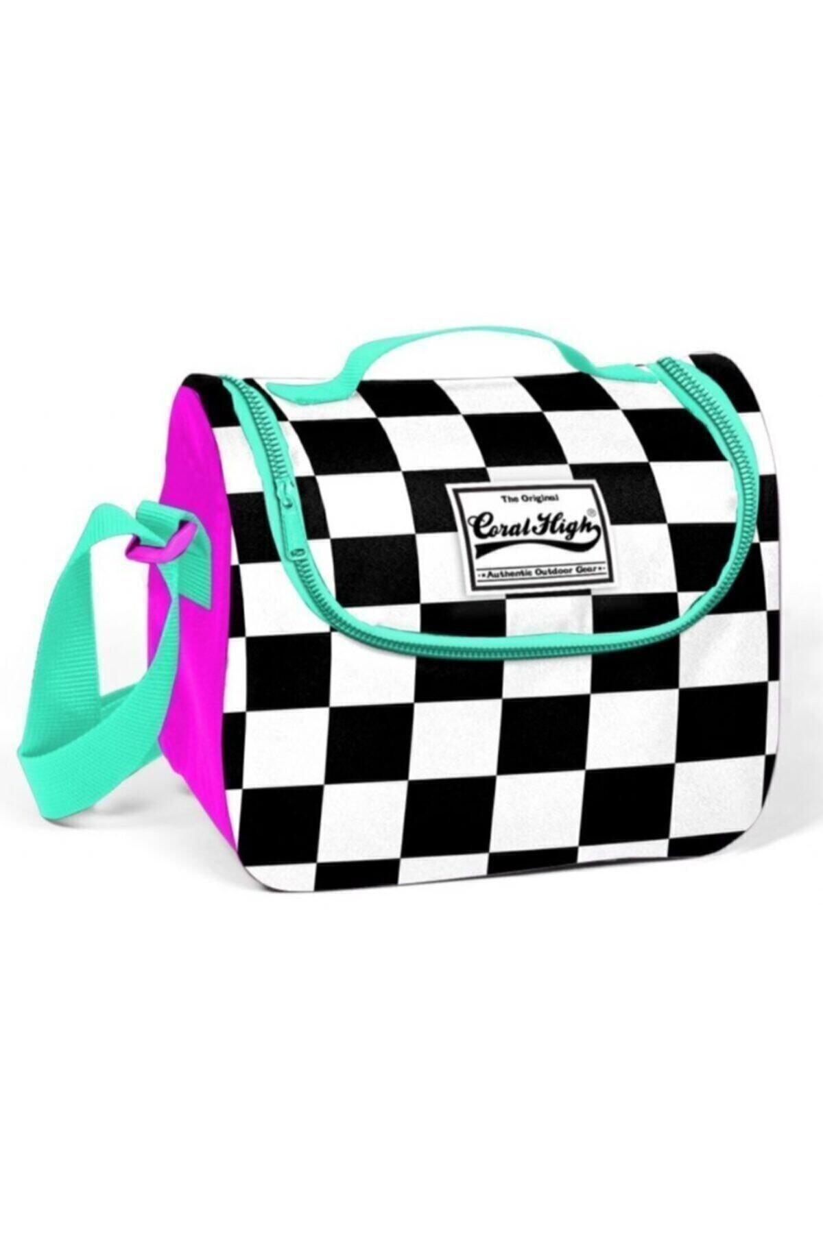 Kız Çocuk Pembe Siyah Beyaz Coral High Damalı Termal Beslenme Çantası