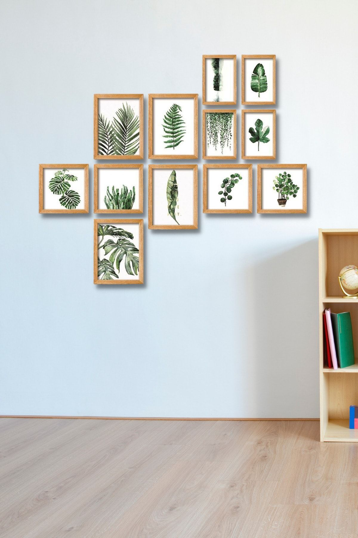 12 Parça Ahşap Tablo Seti - Yeşil Yapraklar Salon Oturma Yatak Odası Için Mdf Duvar Dekoru 90x75 Cm