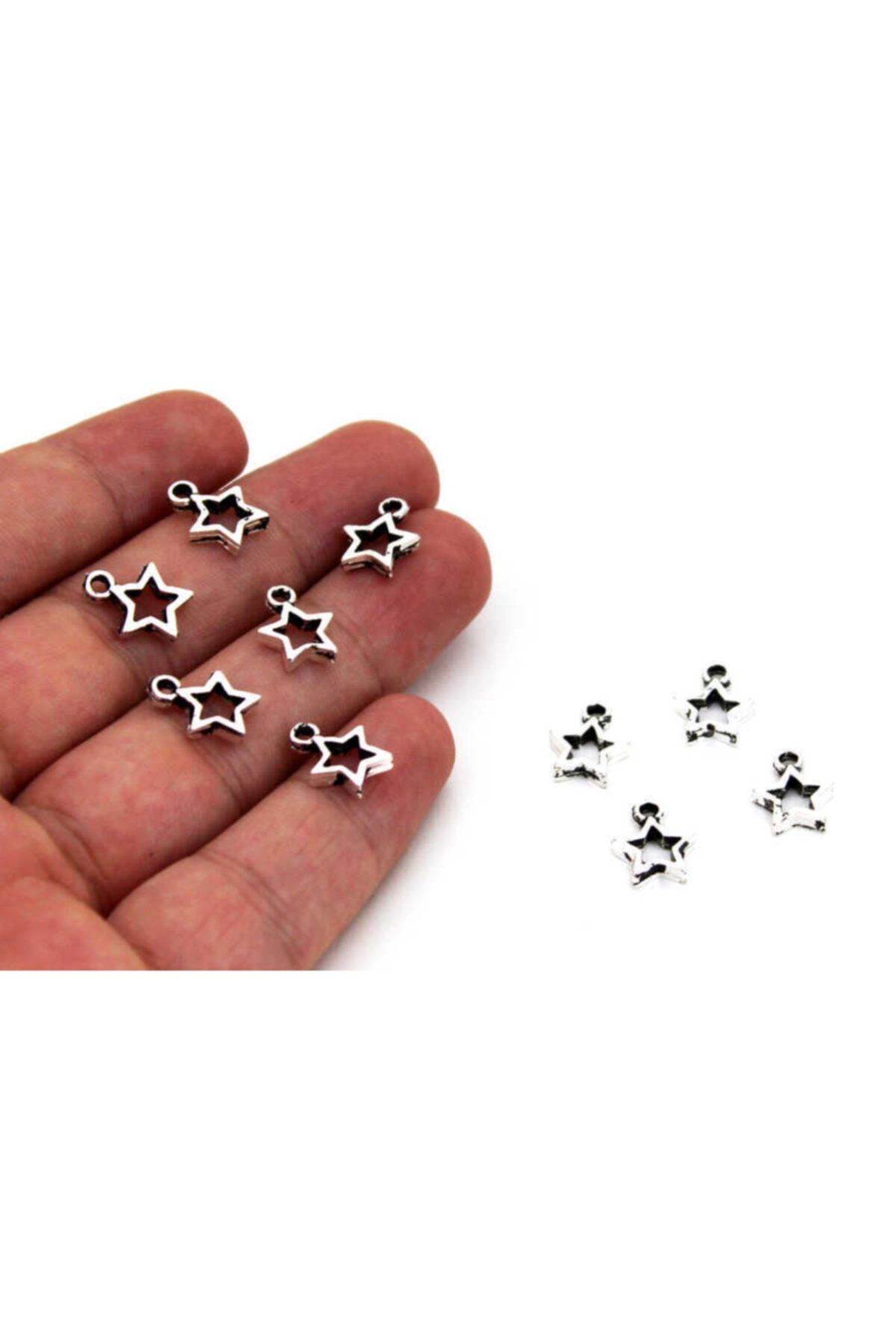 12 Adet - 10x12 Mm Yıldız Desenli, Metal Uç, Takı Malzemesi, Boyalı Gümüş Kaplama, Z74