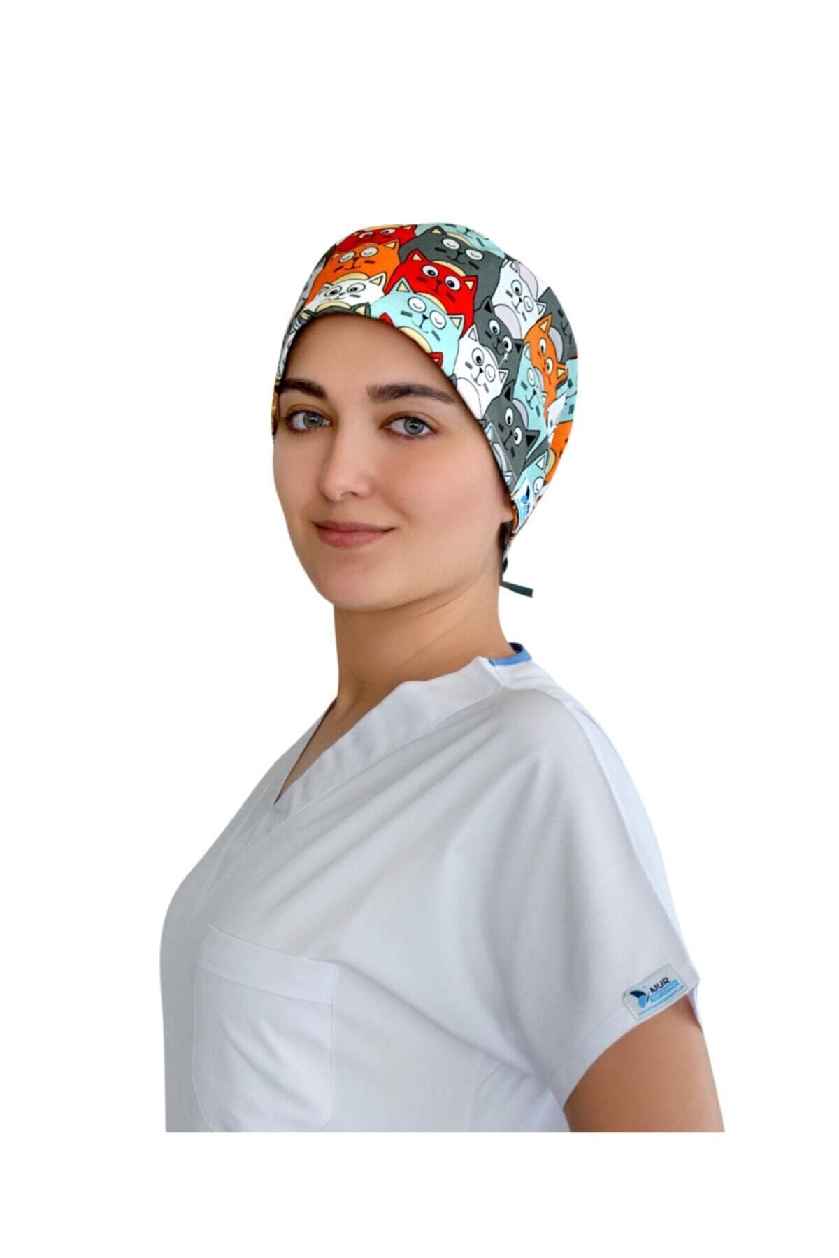 Turuncu Kedi Temalı Doktor Hemşire Hastane Aşçı Cerrahi Bonesi