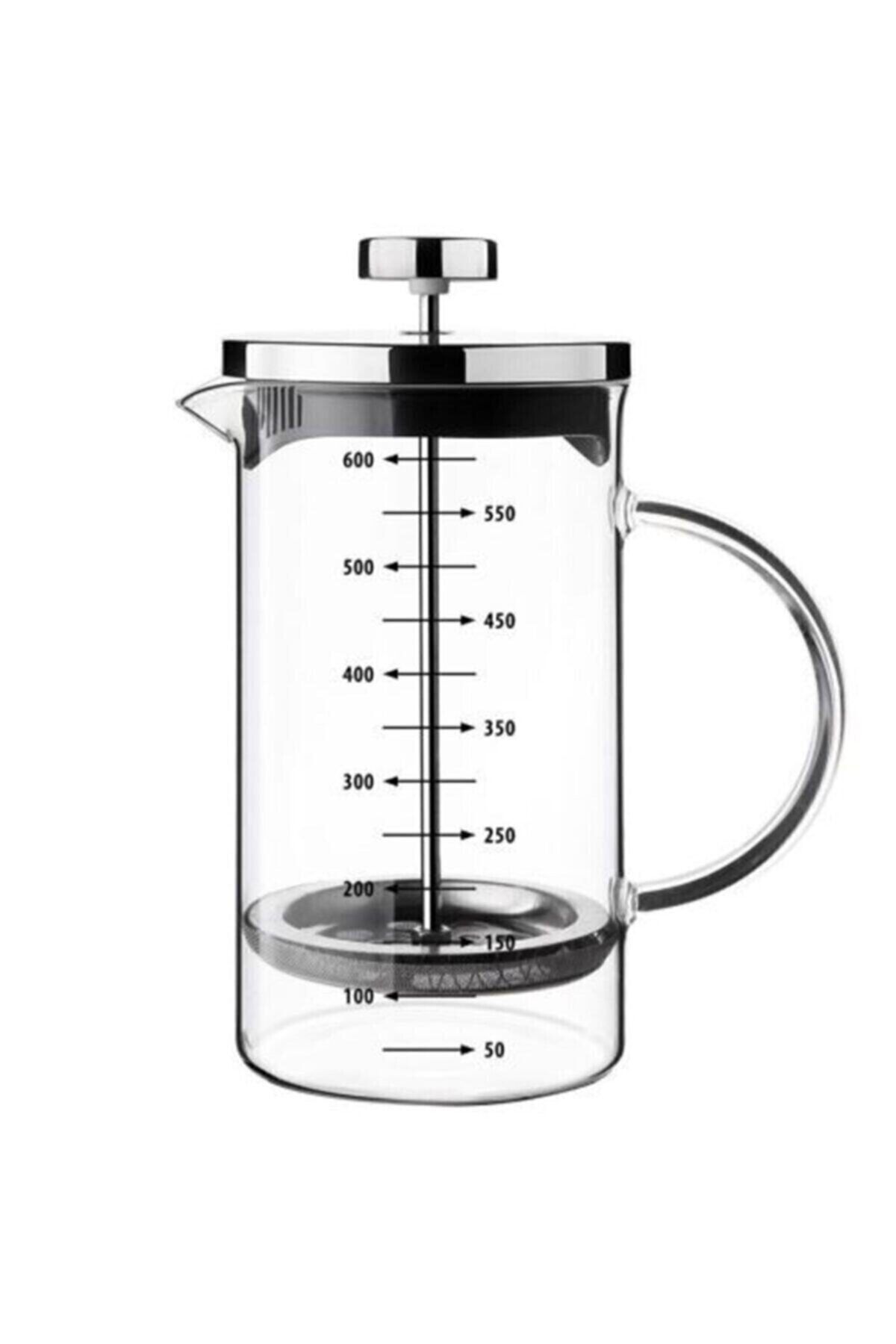 French Press Bitki Çayı Demliği Filtre Kahve Ataşe Dayanıklı Demlik Borosilikat Cam Ölçü Kabı 600ml